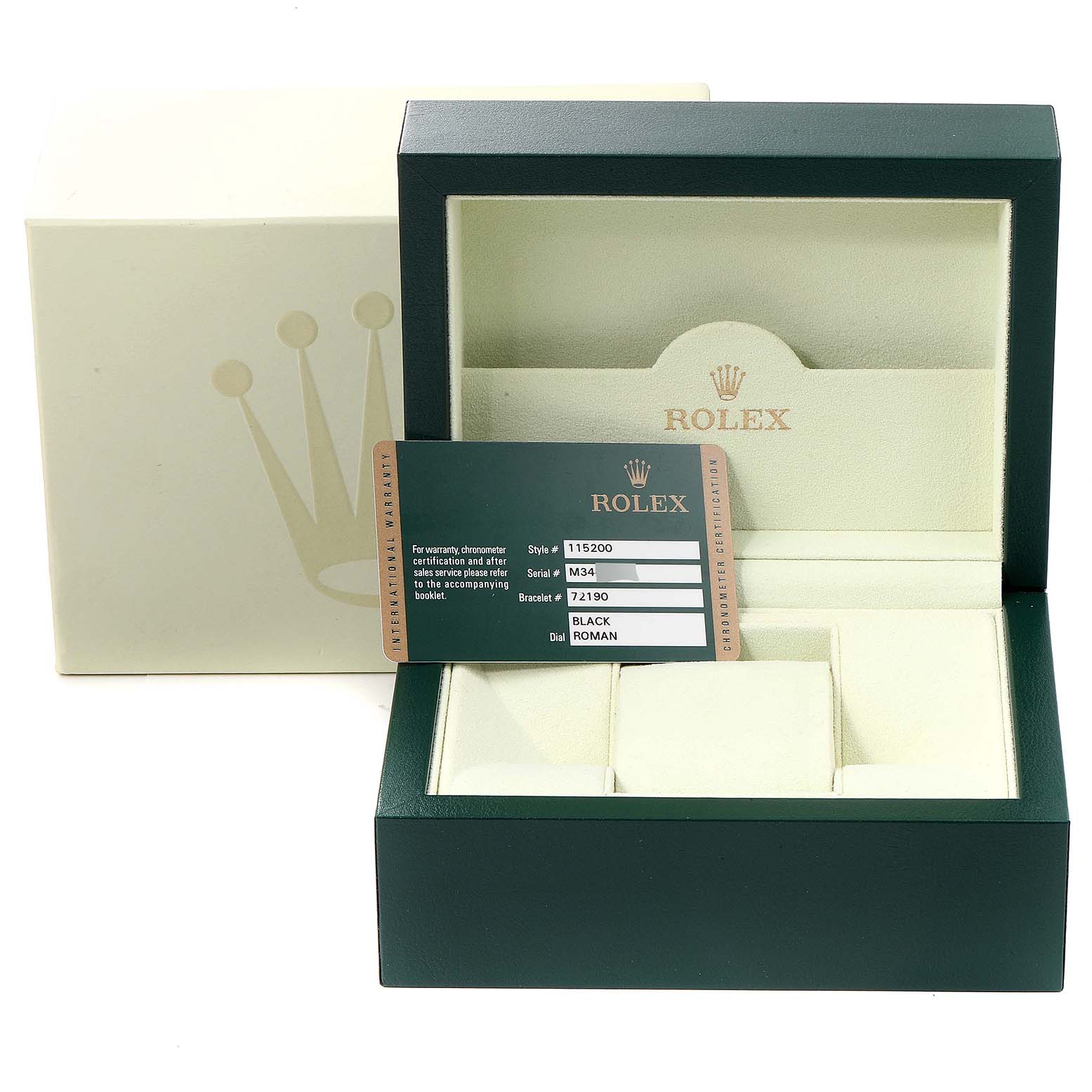 The image shows an open box for a Rolex Date 115200 Men's Stainless Steel Black Dial 115200 Men's Stainless Steel Black Dial model watch with a warranty card placed inside.