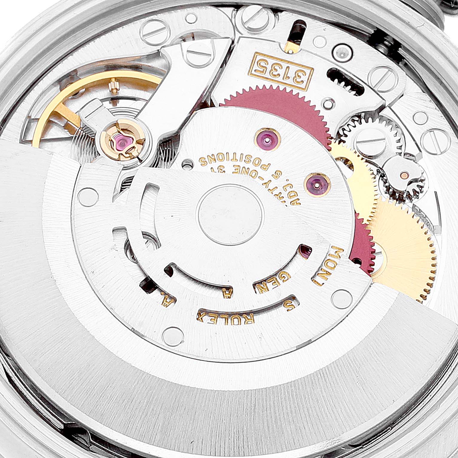 The image shows the detailed inner mechanism of a Rolex Date 15210 Men
s Stainless Steel Black Dial 15210 Men
s Stainless Steel Black Dial model watch, viewed from the back.
