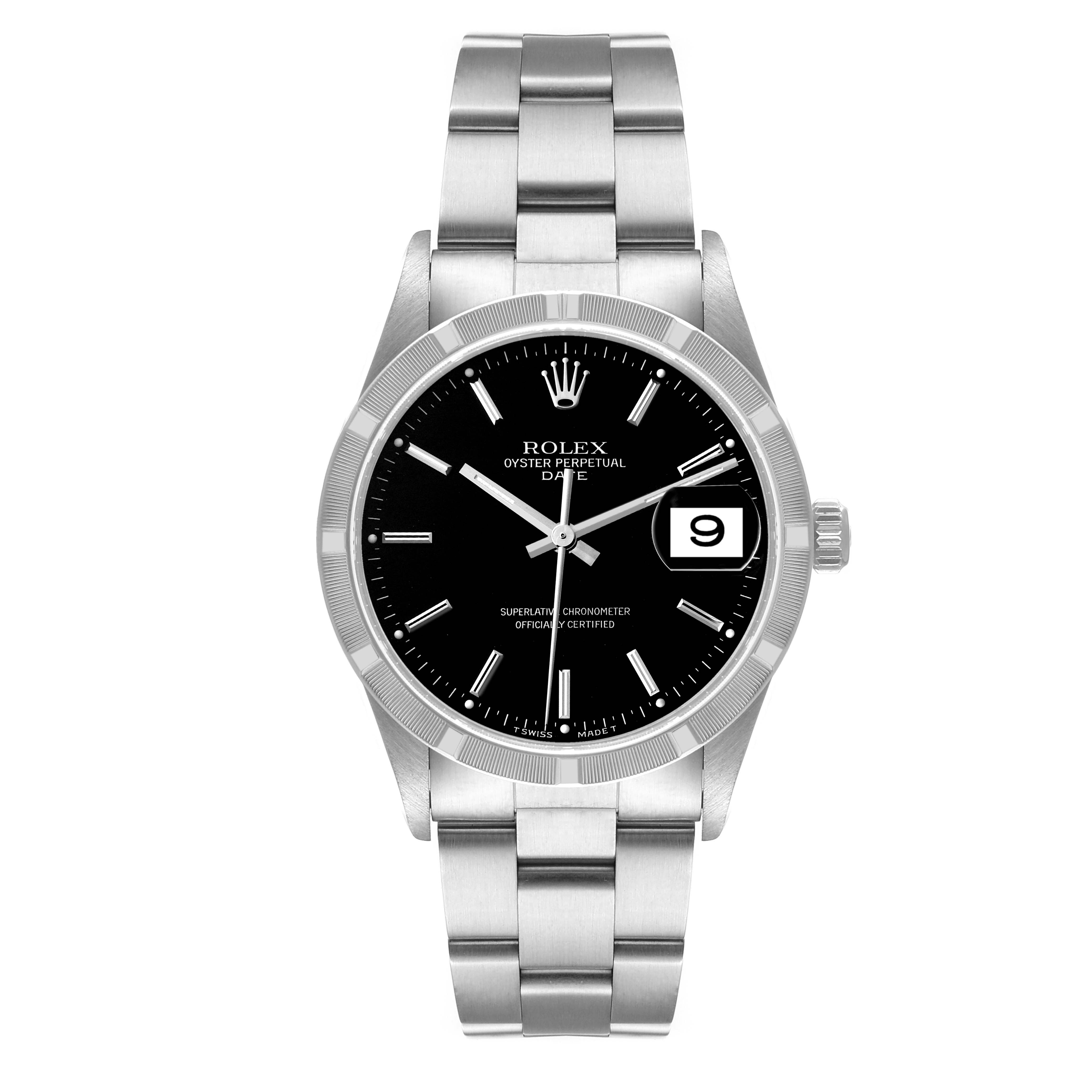 The image shows the front view of a Rolex Oyster Perpetual Date watch, displaying its face, bezel, and bracelet.