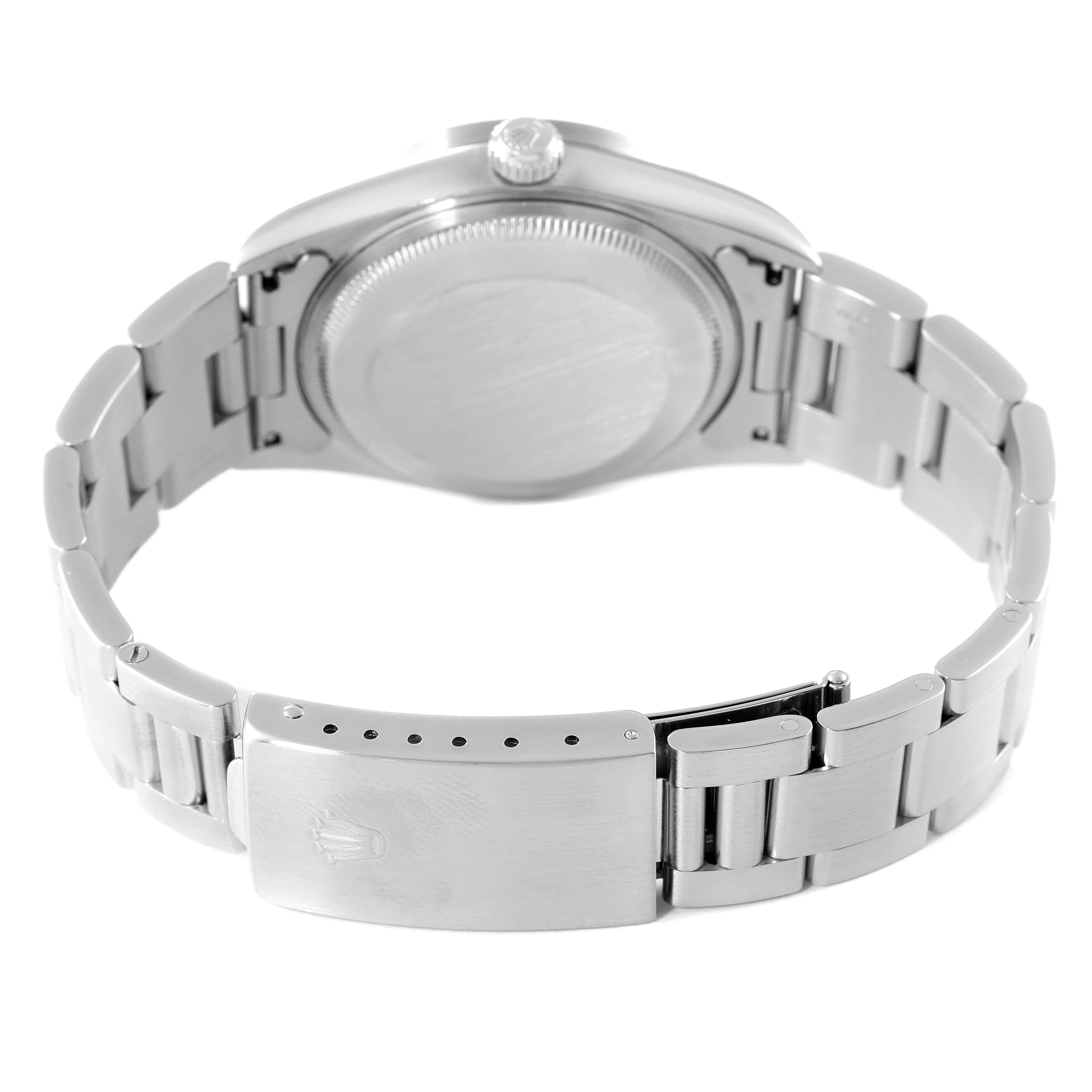 The image shows the back view, bracelet, and clasp of a Rolex Date 15210 Men
s Stainless Steel Black Dial 15210 Men
s Stainless Steel Black Dial model watch.