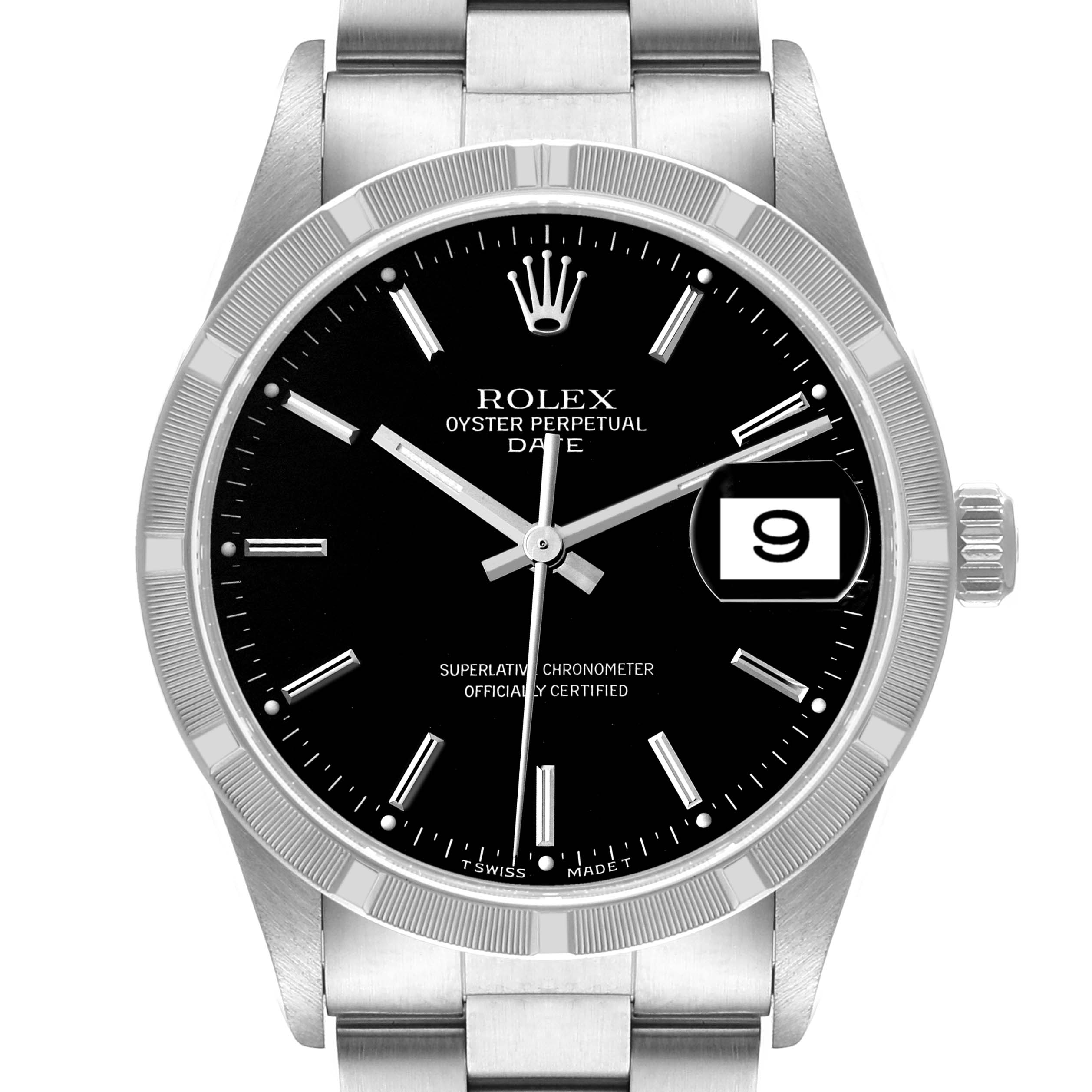 The image shows a front view of a Rolex Oyster Perpetual Date watch, highlighting its black dial, date window, and stainless steel bracelet.