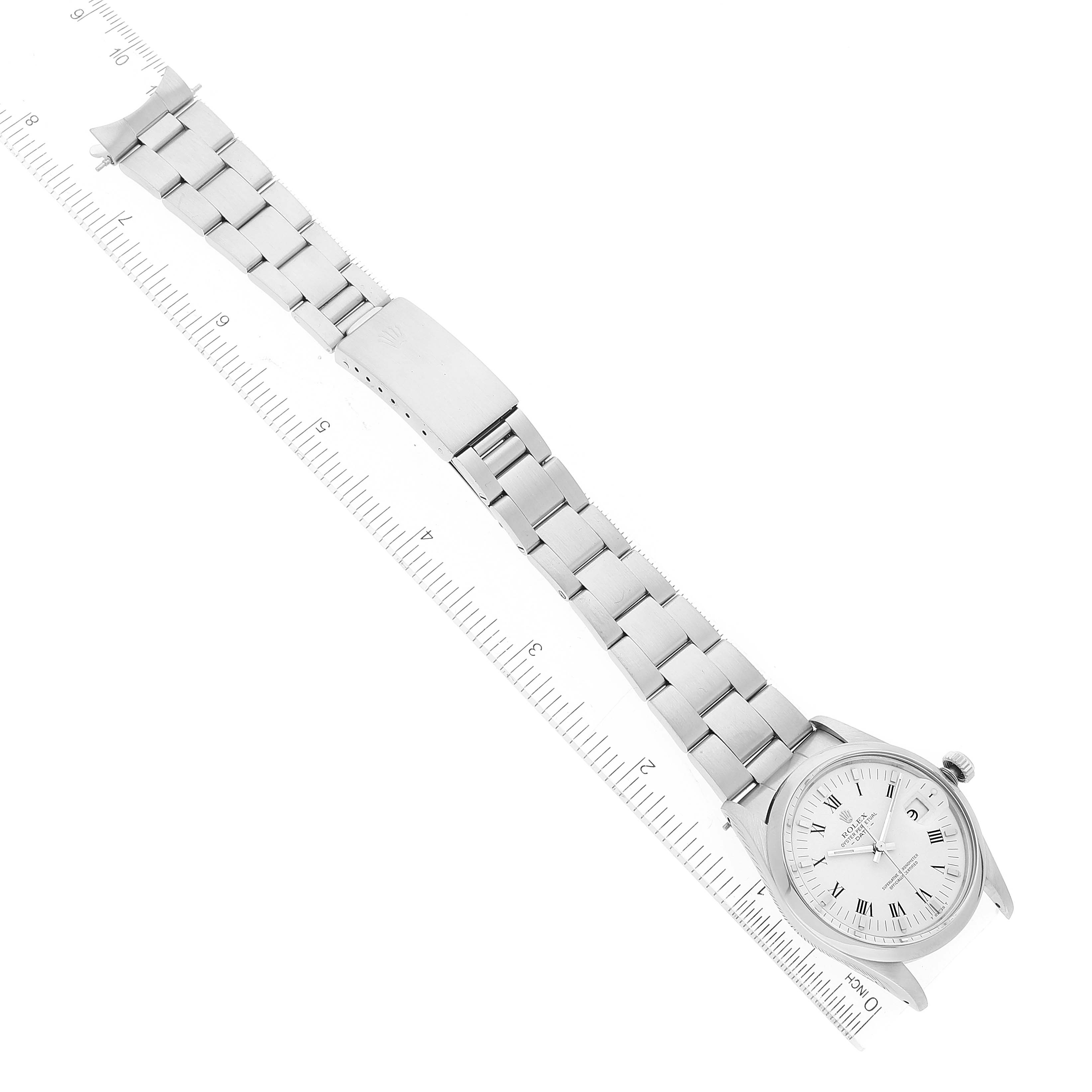 The Rolex Vintage Collection 15000 Men's Stainless Steel White Dial 15000 Men's Stainless Steel White Dial watch is shown from a top-down angle, featuring its band, clasp, and dial.