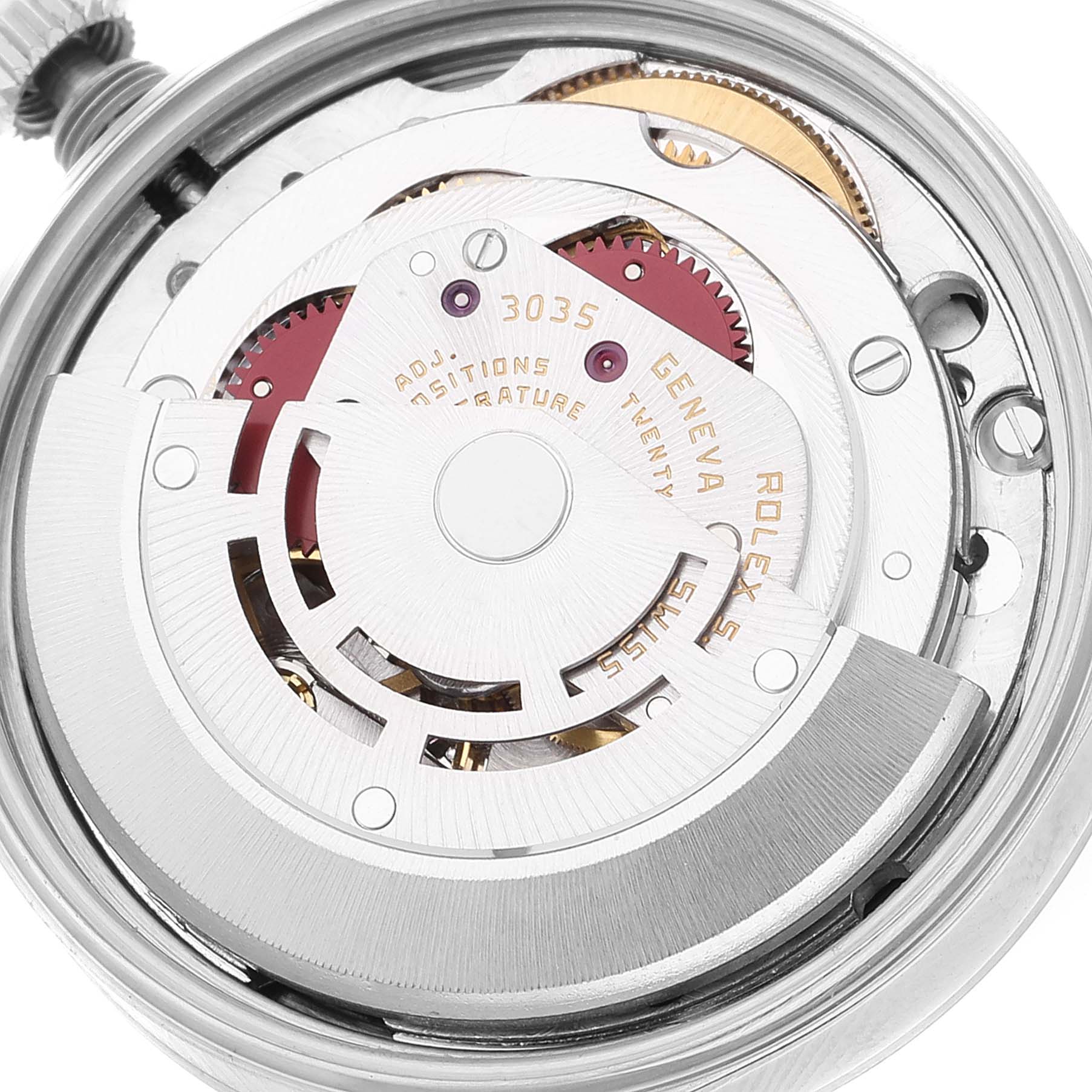 The image shows an angled close-up of the mechanical movement inside a Rolex Vintage Collection 15000 Men's Stainless Steel White Dial 15000 Men's Stainless Steel White Dial watch model 3035.
