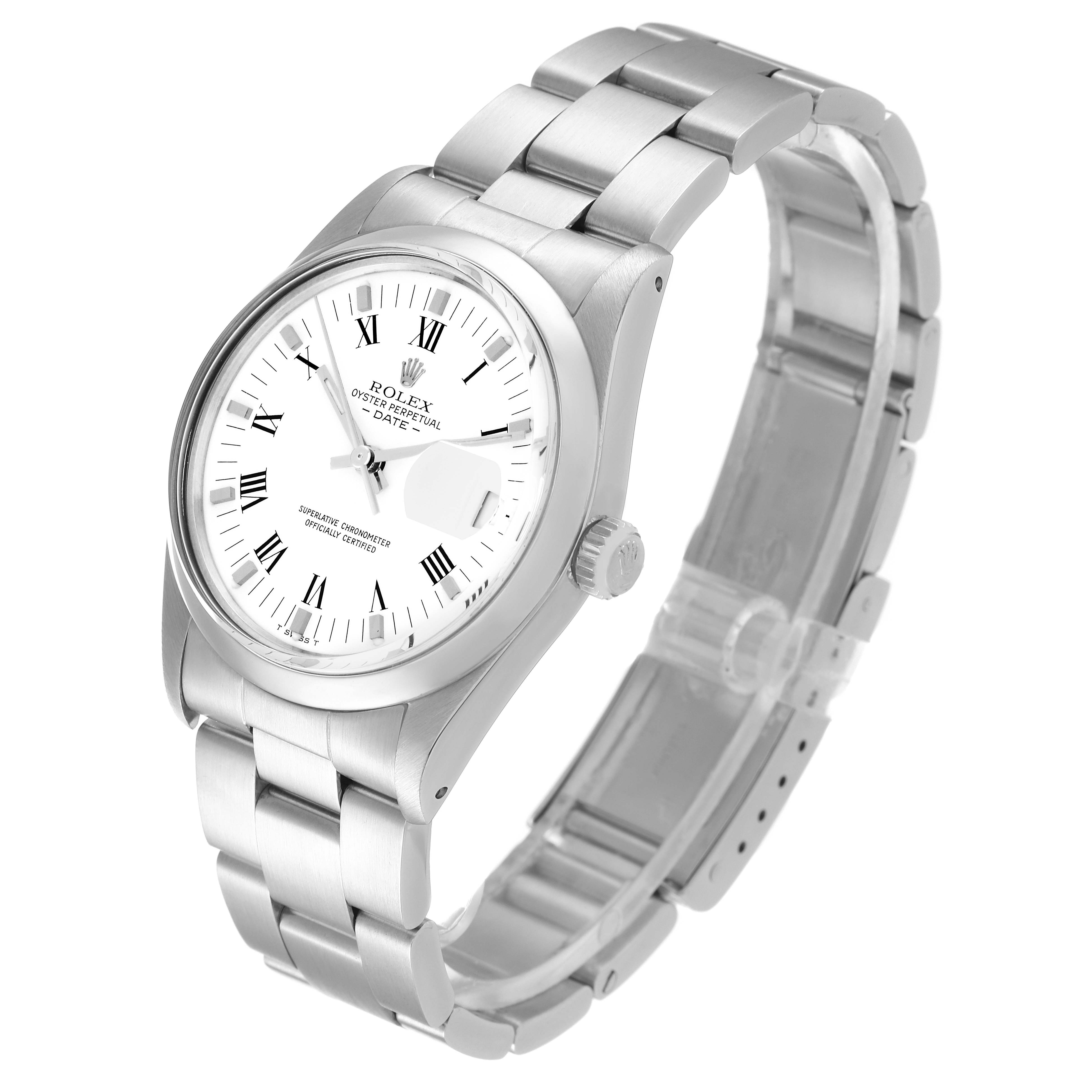 The image shows a Rolex Vintage Collection 15000 Men's Stainless Steel White Dial 15000 Men's Stainless Steel White Dial watch from an angled side view, highlighting the face, bezel, crown, and metal bracelet.