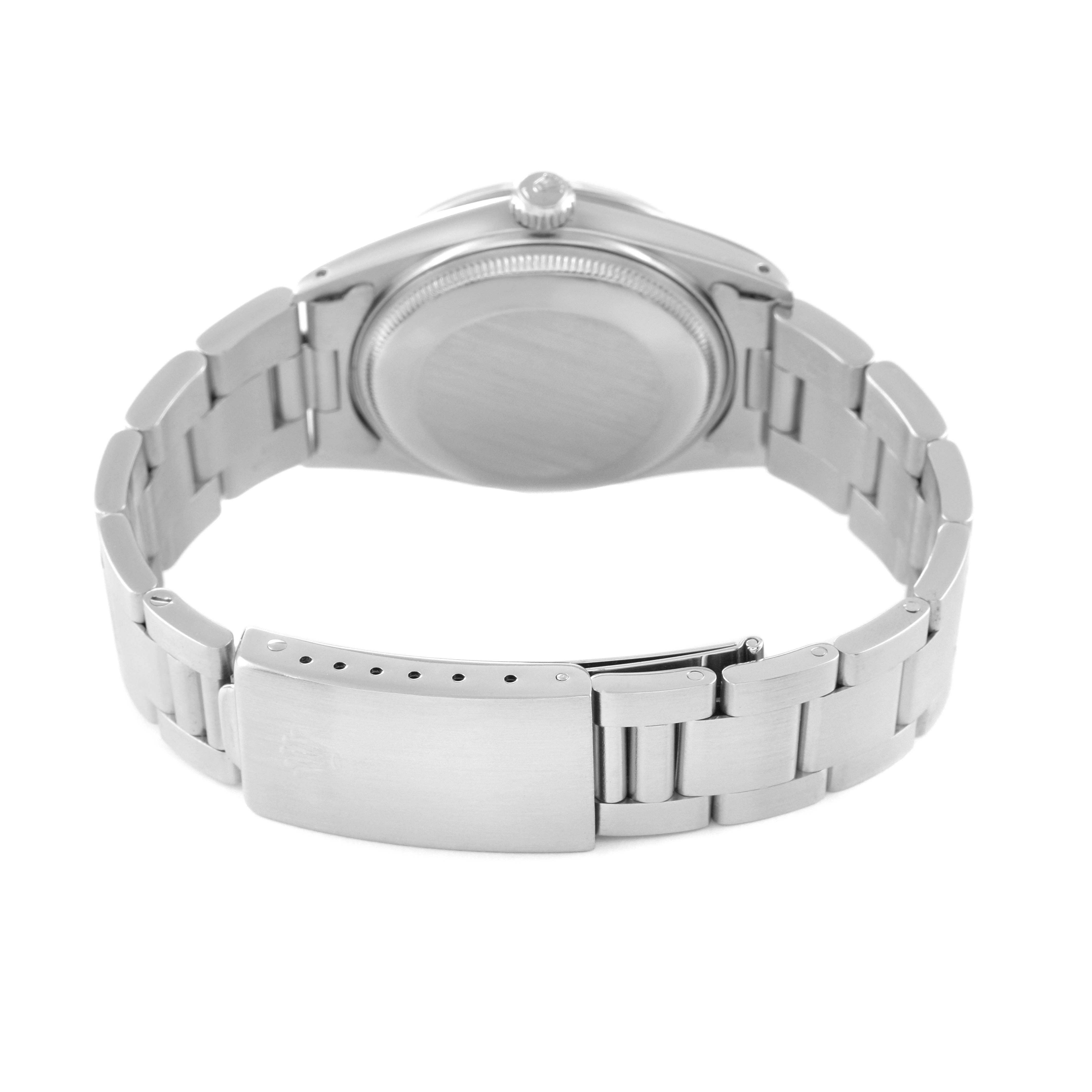 The image shows the back of the Rolex Vintage Collection 15000 Men's Stainless Steel White Dial 15000 Men's Stainless Steel White Dial model, highlighting the clasp, bracelet, and case back.