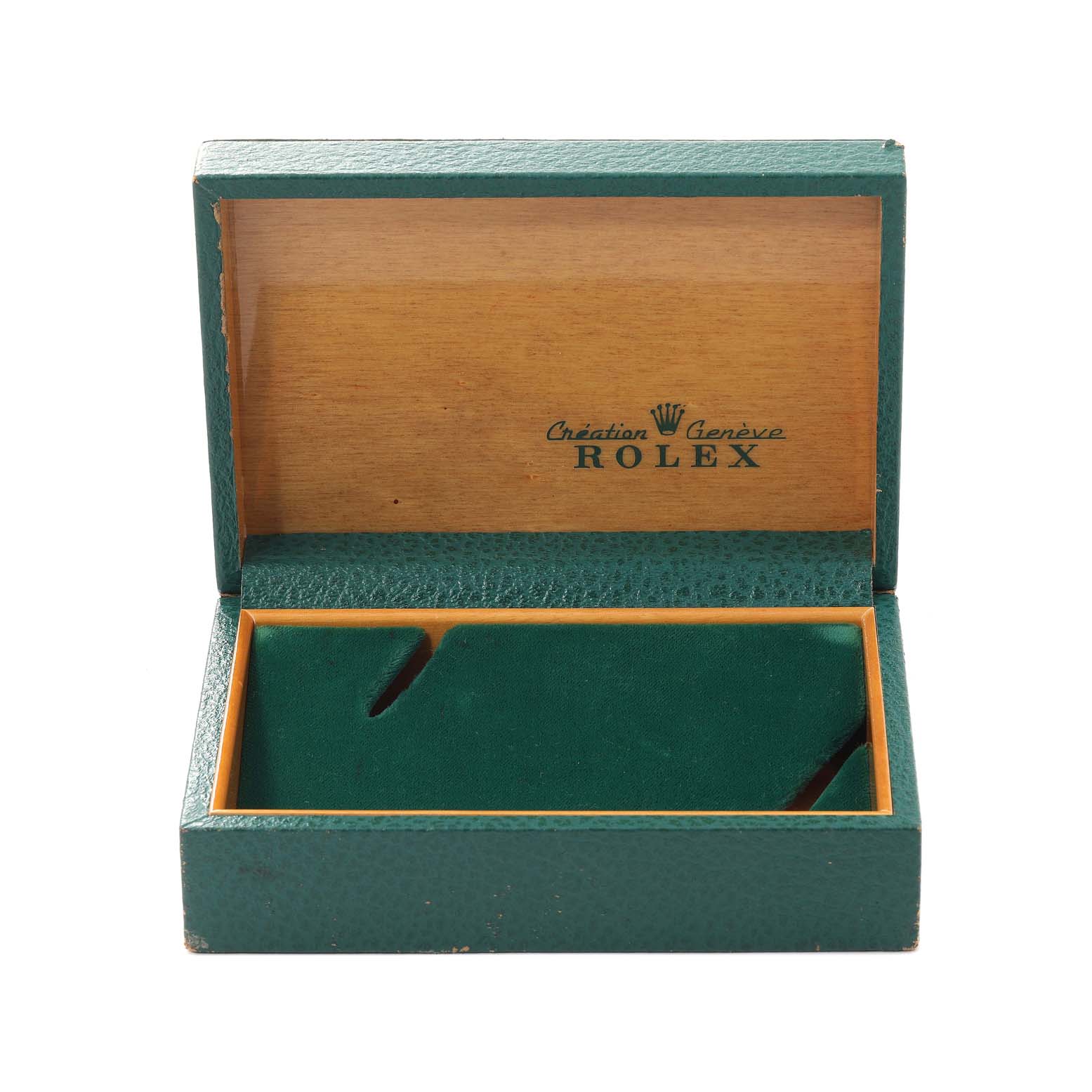 This is an open Rolex Vintage Collection 15000 Men's Stainless Steel White Dial 15000 Men's Stainless Steel White Dial watch box with green exterior and interior with logo on the inside of the lid.