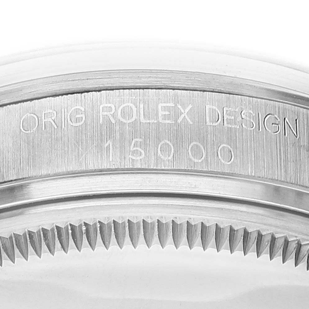 This image shows a close-up of the case back and model number of the Rolex Vintage Collection 15000 Men's Stainless Steel White Dial 15000 Men's Stainless Steel White Dial watch.