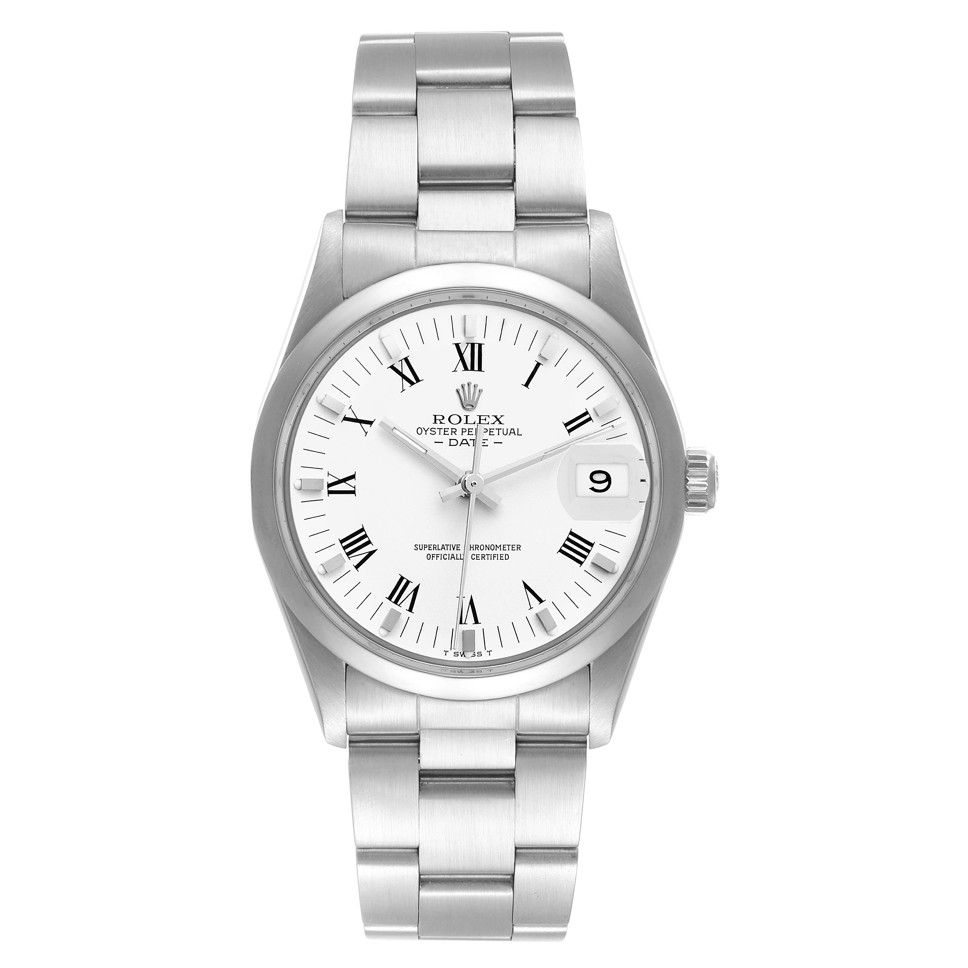 The image shows a frontal view of the Rolex Vintage Collection 15000 Men's Stainless Steel White Dial 15000 Men's Stainless Steel White Dial Oyster Perpetual Date, displaying its bracelet, dial, crown, and date window.
