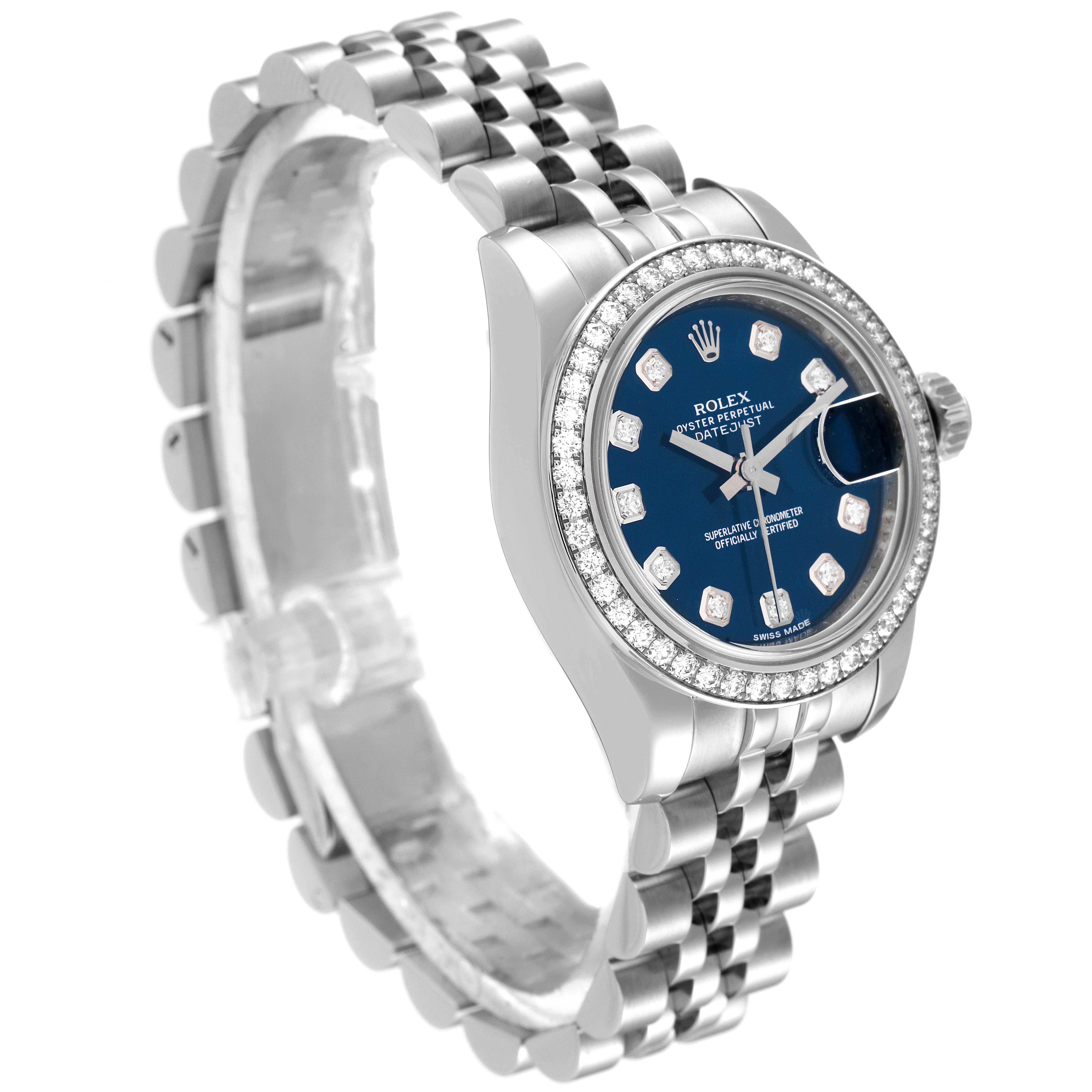 This Rolex Datejust 179384 Women's Stainless Steel Blue Dial 179384 Women's Stainless Steel Blue Dial watch is shown from a three-quarter angle, highlighting its bezel, dial, case, and bracelet.