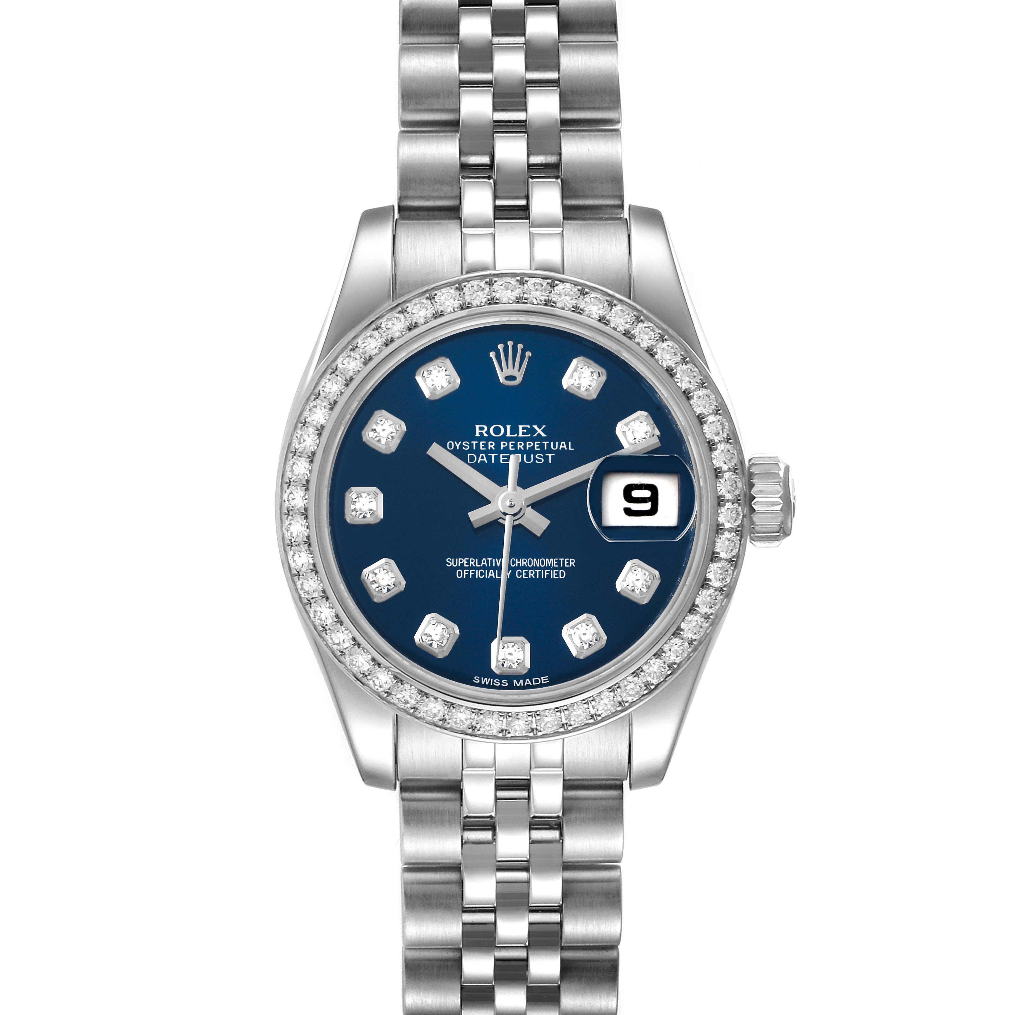 This image shows a Rolex Datejust 179384 Women's Stainless Steel Blue Dial 179384 Women's Stainless Steel Blue Dial watch from the front, displaying its blue dial, date window, diamond markers, and jubilee bracelet.