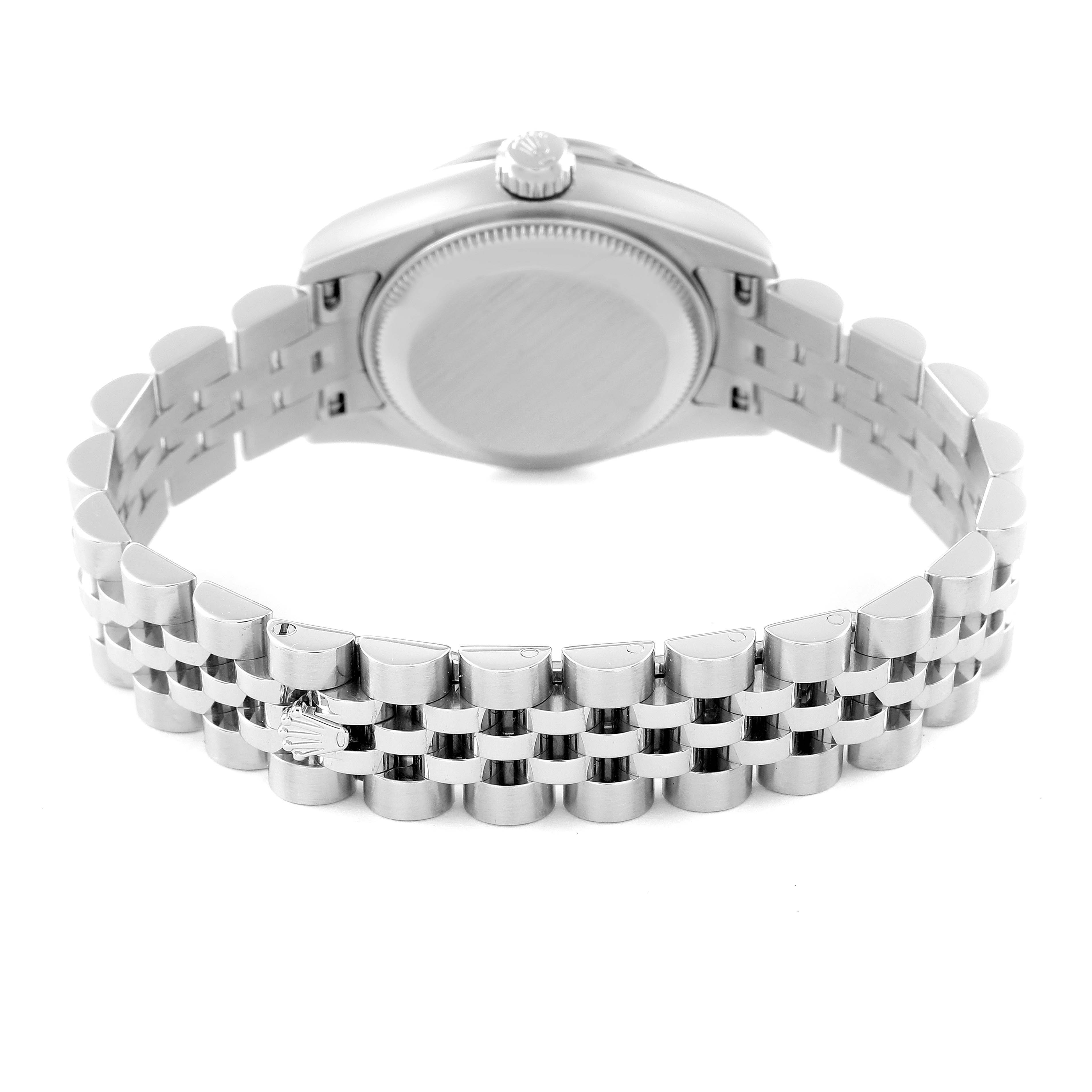 This image shows the back side of the Rolex Datejust 179384 Women's Stainless Steel Blue Dial 179384 Women's Stainless Steel Blue Dial watch, focusing on its bracelet and clasp.