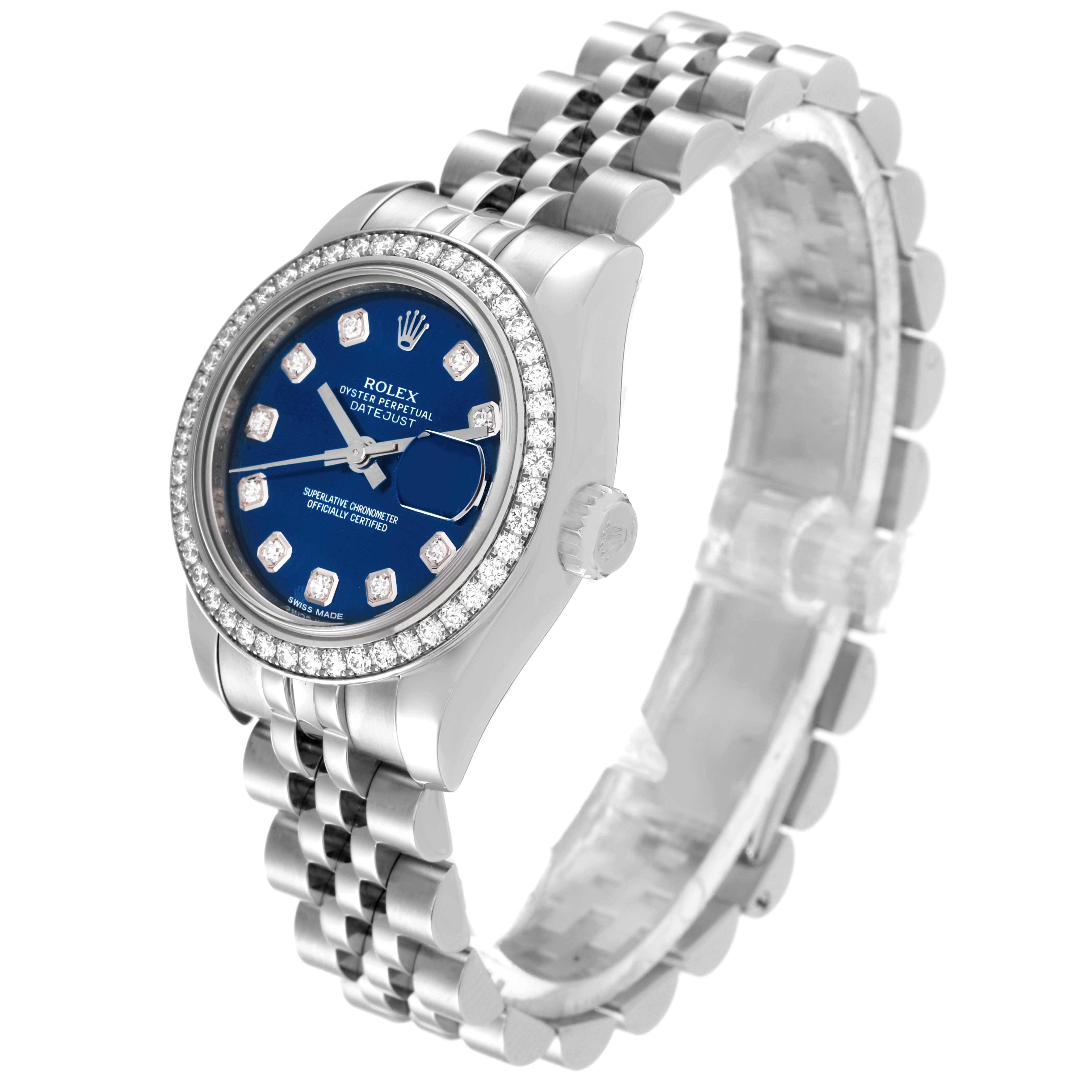 The image shows a Rolex Datejust 179384 Women's Stainless Steel Blue Dial 179384 Women's Stainless Steel Blue Dial watch at a three-quarter angle, displaying its face, bezel, and jubilee bracelet.