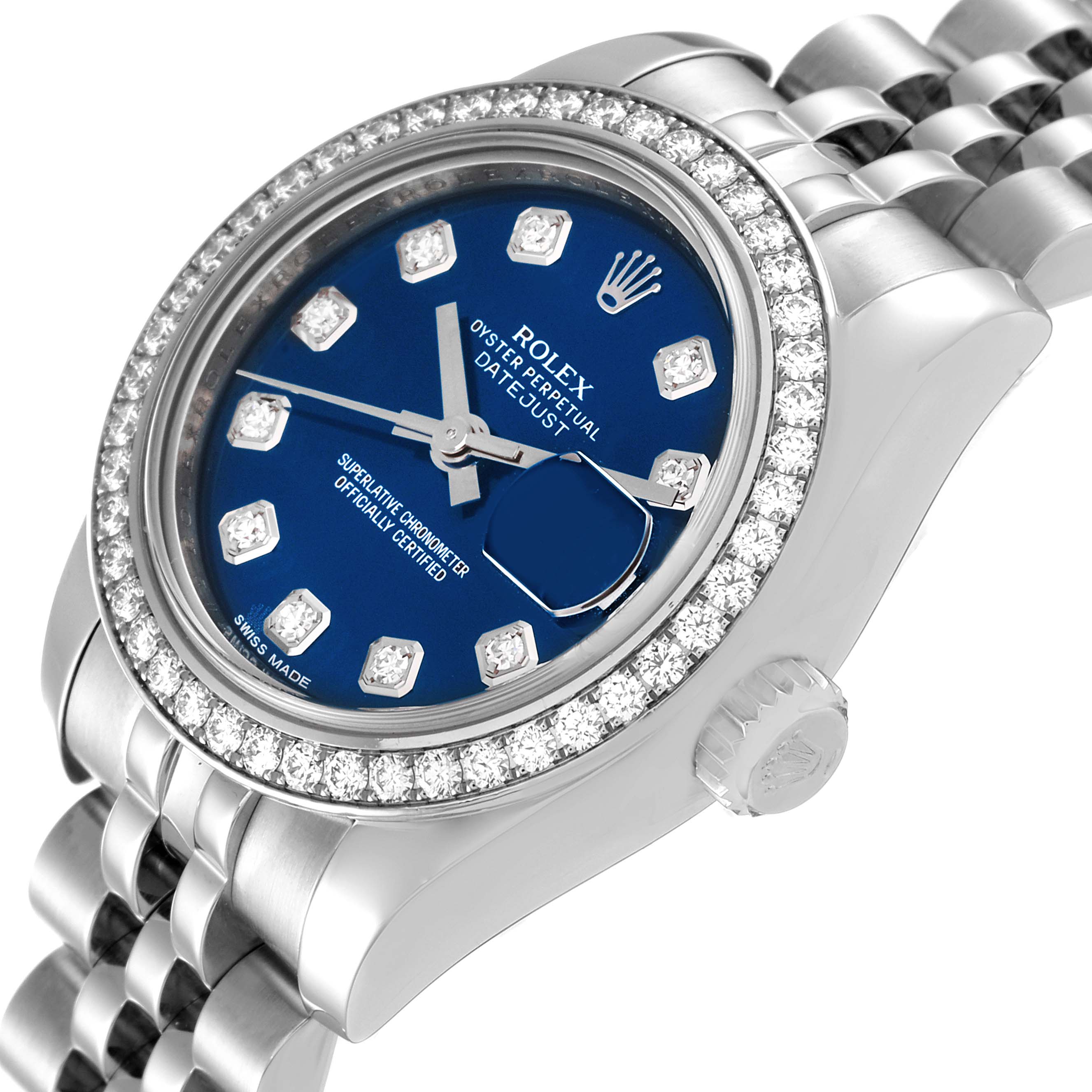 This image shows a close-up angle of the Rolex Datejust 179384 Women's Stainless Steel Blue Dial 179384 Women's Stainless Steel Blue Dial, highlighting the diamond bezel, blue dial, and metal bracelet.