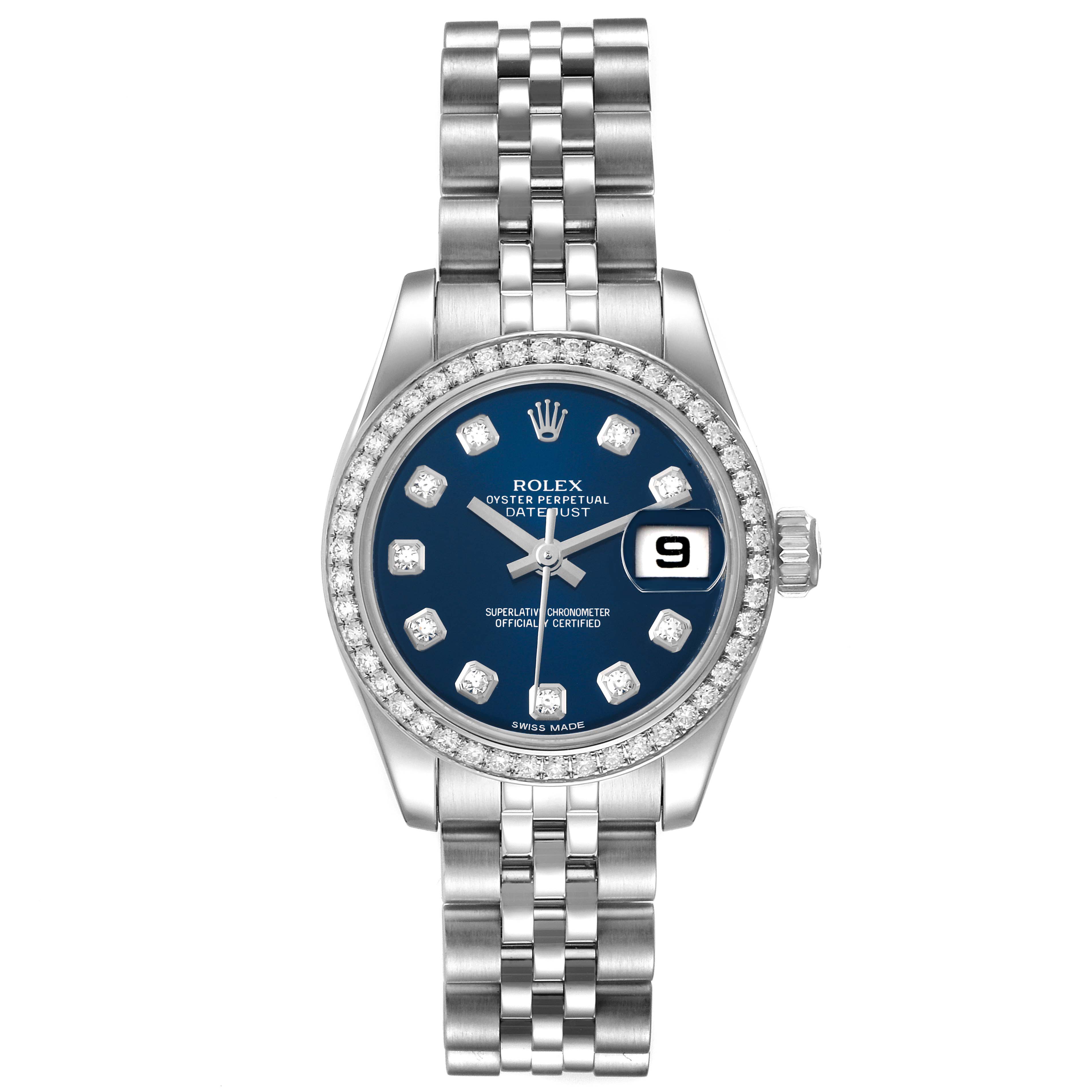 The Rolex Datejust 179384 Women's Stainless Steel Blue Dial 179384 Women's Stainless Steel Blue Dial watch is shown from a top-down angle, highlighting its dial, bezel, bracelet, and crown.