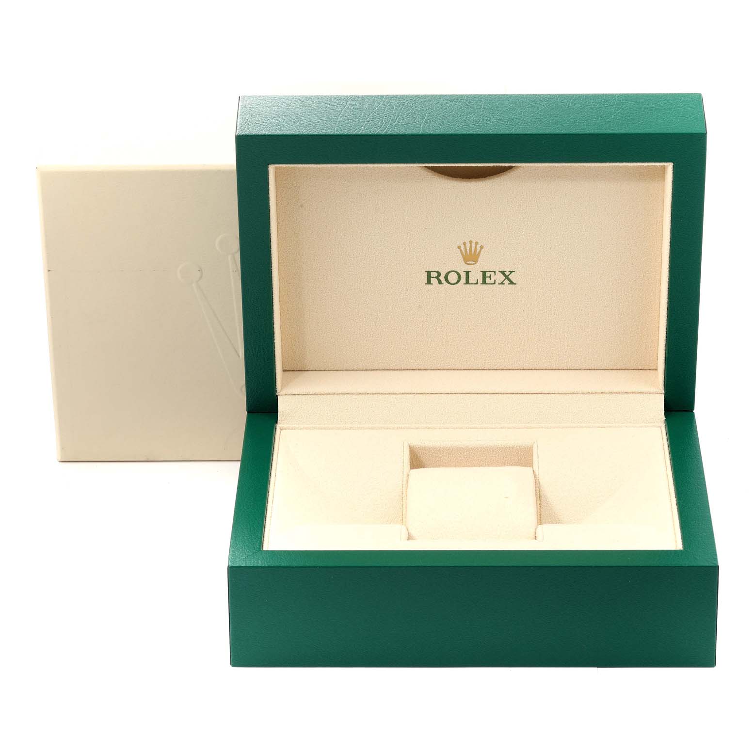 This image shows an open Rolex box for the Datejust model, displaying the interior compartments.