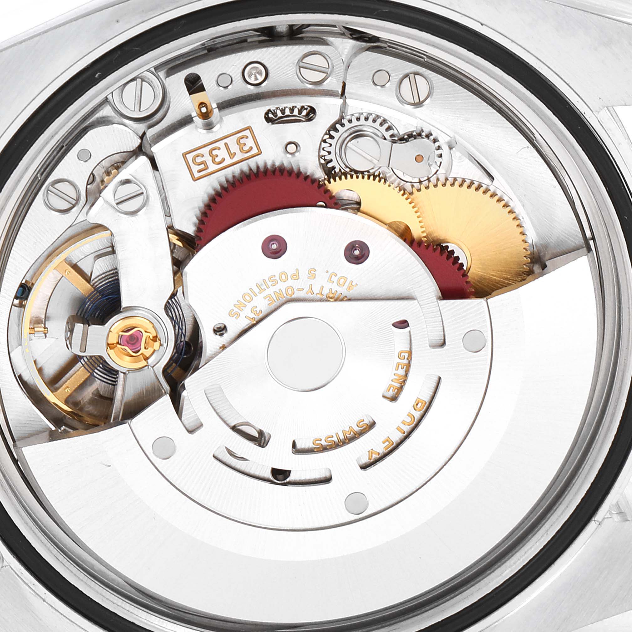 The image shows a detailed view of the internal mechanics, gears, and rotor of a Rolex Datejust 116200 Men's Stainless Steel Silver Dial 116200 Men's Stainless Steel Silver Dial watch from a top-down angle.