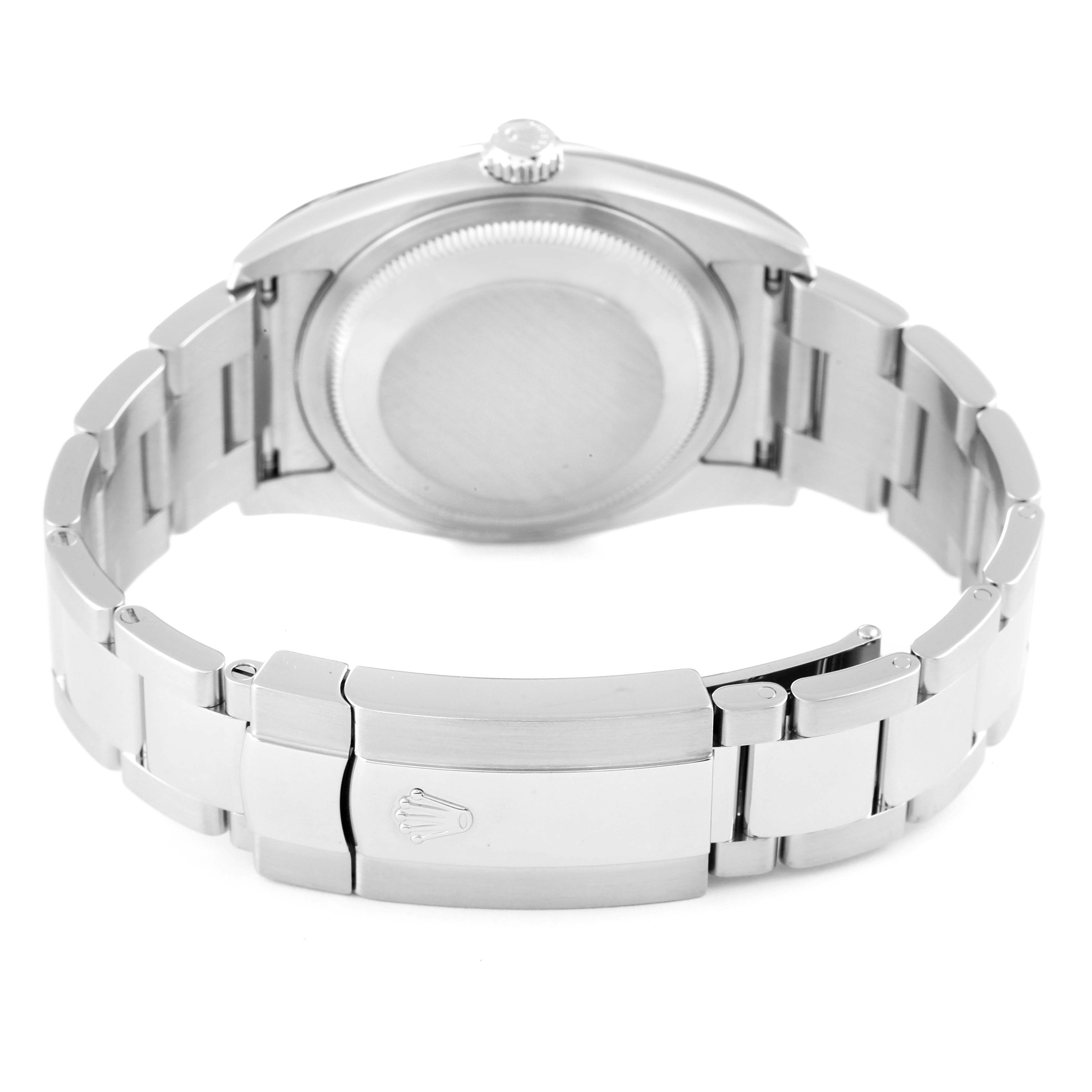 This image shows the back case and clasp of a Rolex Datejust 116200 Men's Stainless Steel Silver Dial 116200 Men's Stainless Steel Silver Dial watch, viewed from a rear angle.