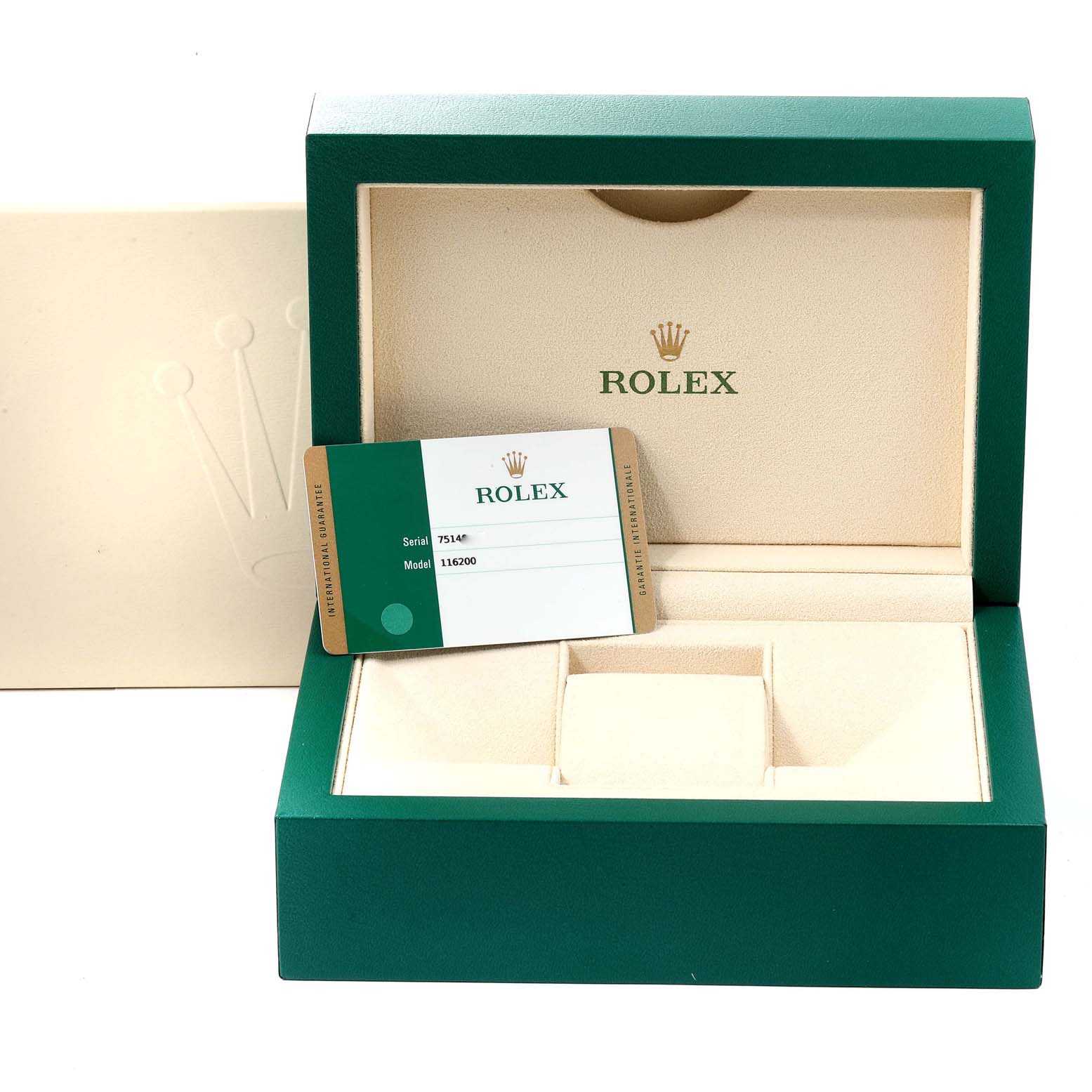 The image shows a Rolex Datejust 116200 Men's Stainless Steel Silver Dial 116200 Men's Stainless Steel Silver Dial watch box and authenticity card at an angle from the front.