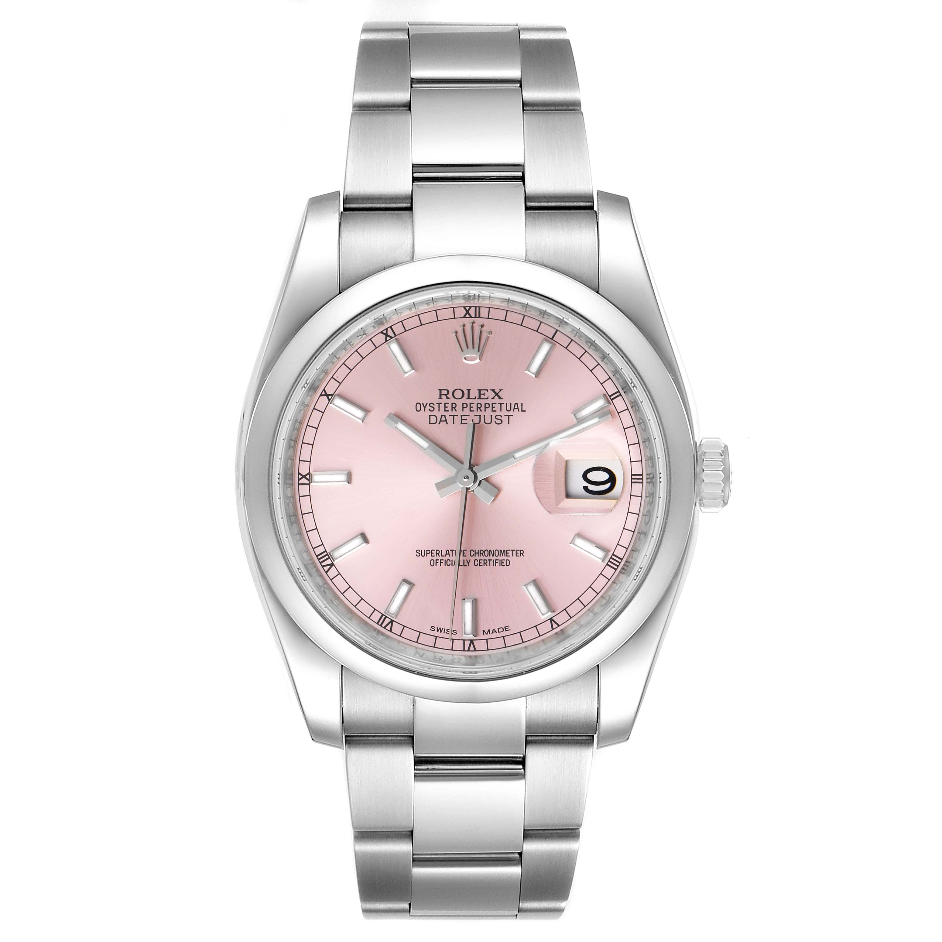 This is a front view of the Rolex Datejust 116200 Men's Stainless Steel Silver Dial 116200 Men's Stainless Steel Silver Dial watch showcasing its pink dial, bezel, and metal bracelet.