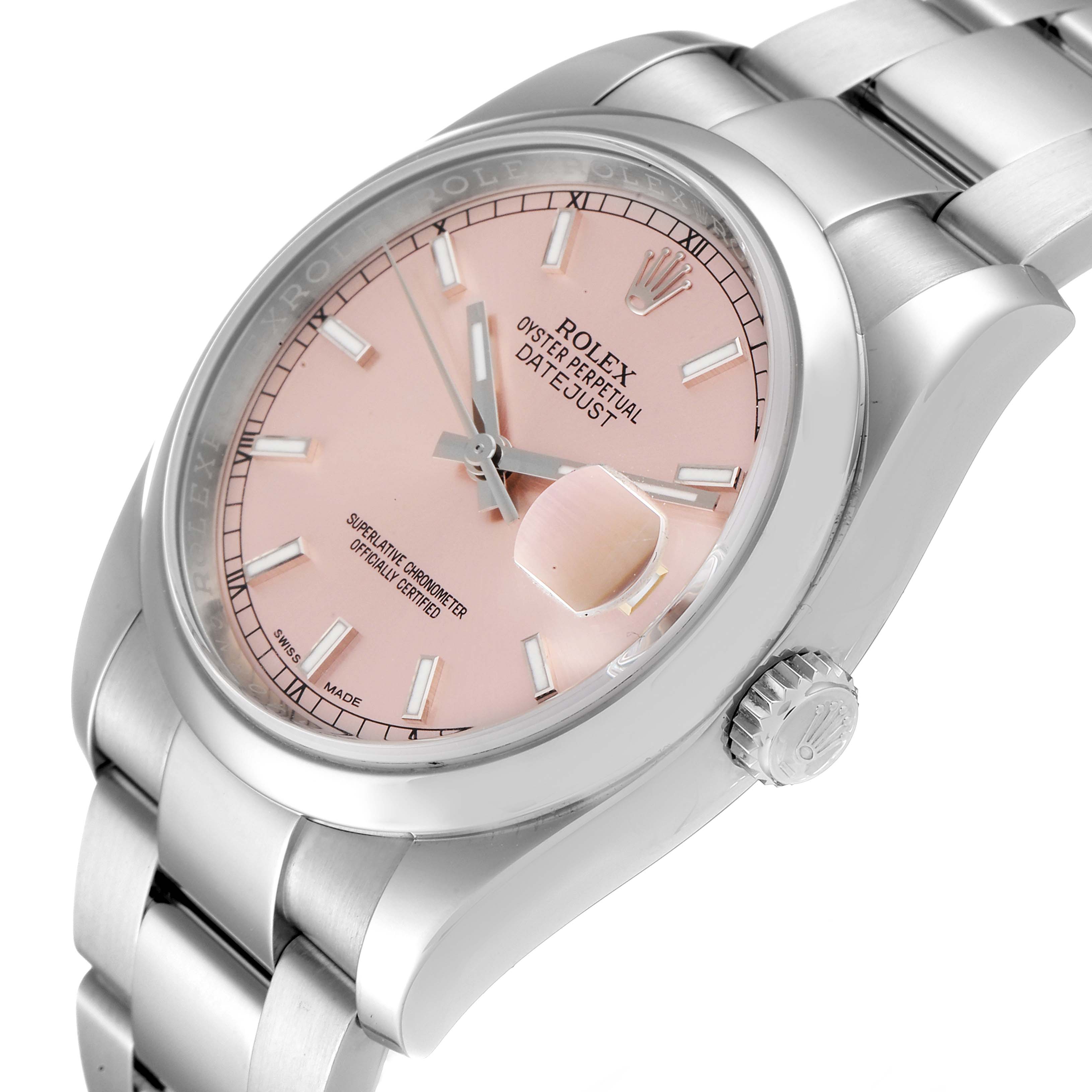 The image shows a close-up, angled view of the Rolex Datejust 116200 Men's Stainless Steel Silver Dial 116200 Men's Stainless Steel Silver Dial watch, highlighting its pink dial, bezel, crown, and bracelet.