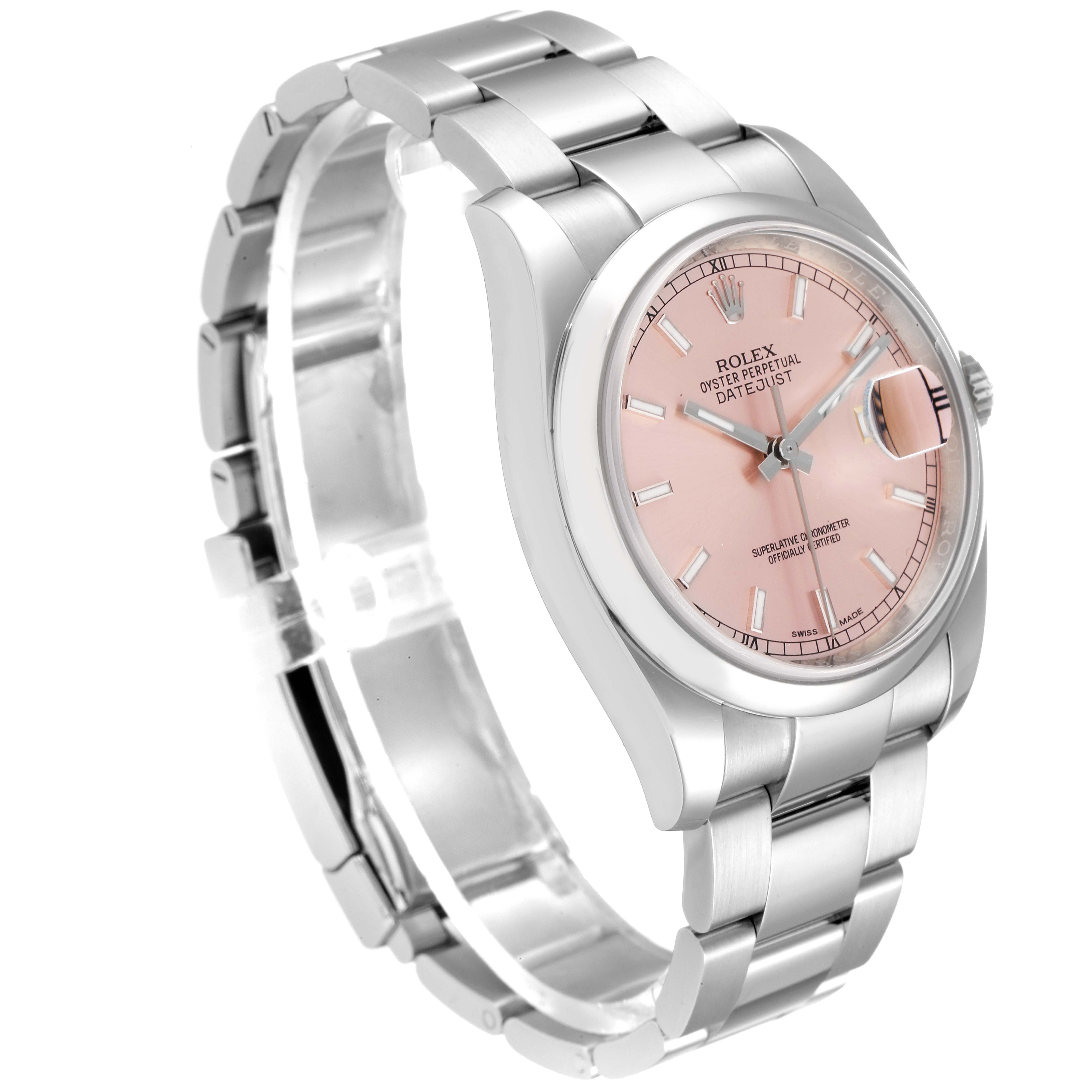 The Rolex Datejust 116200 Men's Stainless Steel Silver Dial 116200 Men's Stainless Steel Silver Dial watch is shown from an angled side view, highlighting its pink dial and stainless steel bracelet.