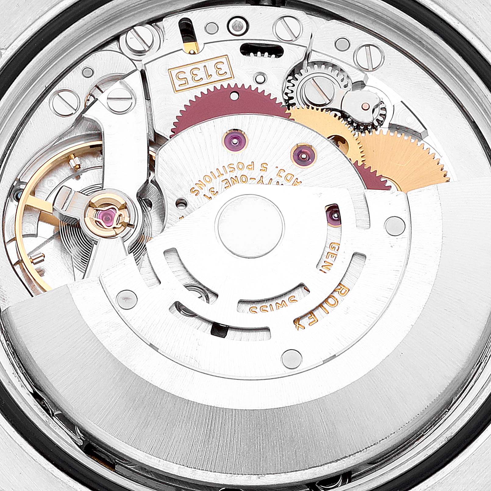 This image shows the intricate internal movement mechanism of a Rolex Datejust 116231 Men's Steel and Gold (two tone) Black Dial 116231 Men's Steel and Gold (two tone) Black Dial watch.