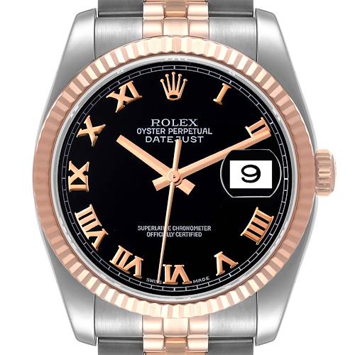 Photo of Rolex Datejust 36 Steel EveRose Gold Black Roman Dial Mens Watch 116231