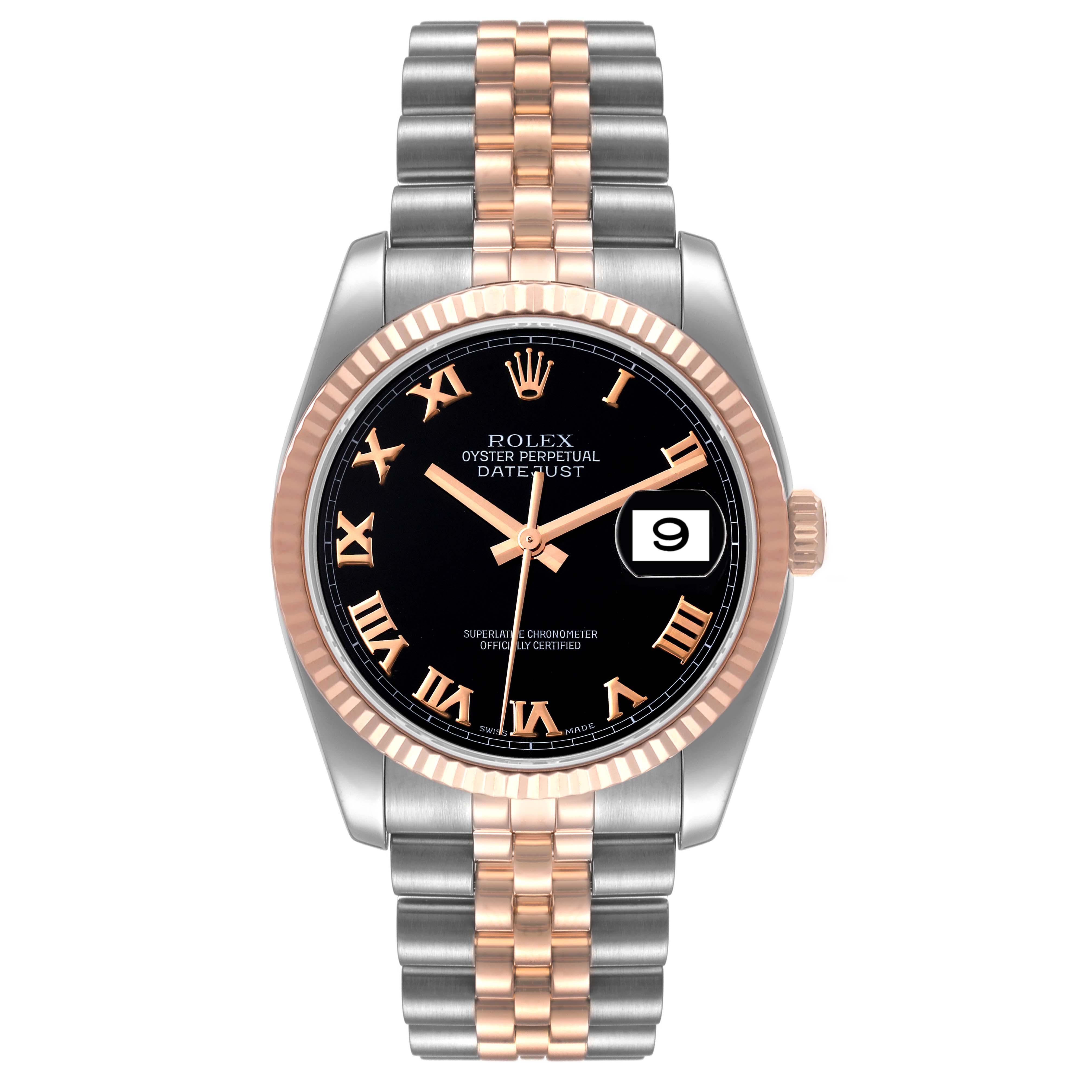 This image shows a front view of the Rolex Datejust 116231 Men's Steel and Gold (two tone) Black Dial 116231 Men's Steel and Gold (two tone) Black Dial watch, featuring a two-tone bracelet and a black dial with Roman numerals.