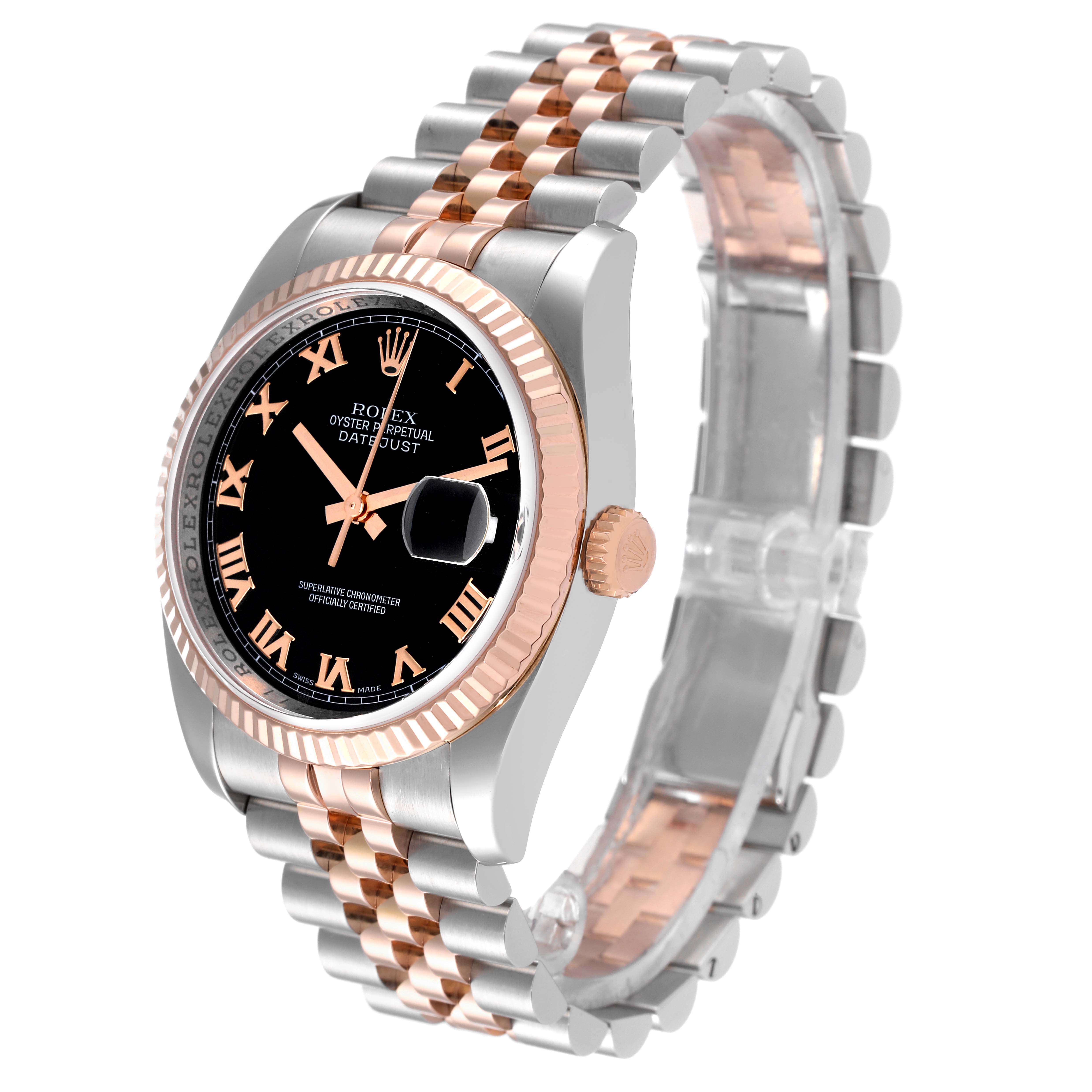 This image shows a Rolex Datejust 116231 Men's Steel and Gold (two tone) Black Dial 116231 Men's Steel and Gold (two tone) Black Dial model watch at a three-quarter angle, highlighting the dial, bezel, crown, and bracelet.