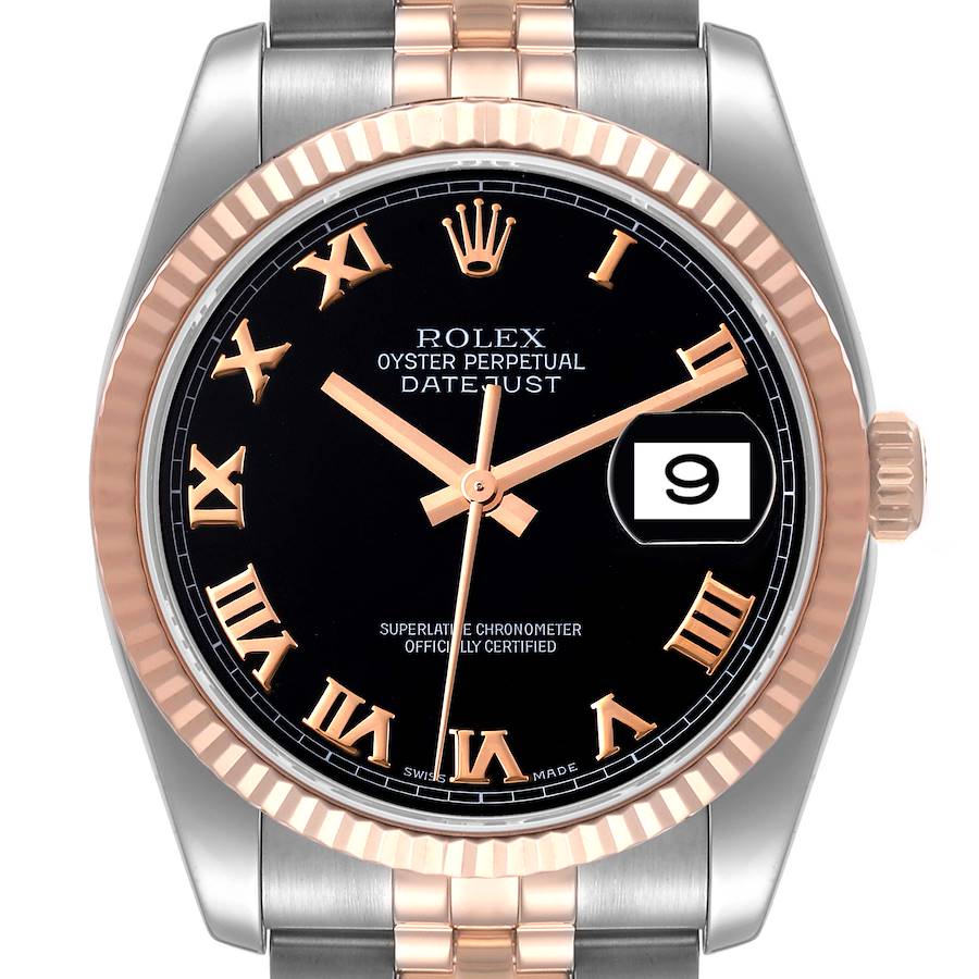 Rolex Datejust 36 Steel EveRose Gold Black Roman Dial Mens Watch 116231 SwissWatchExpo