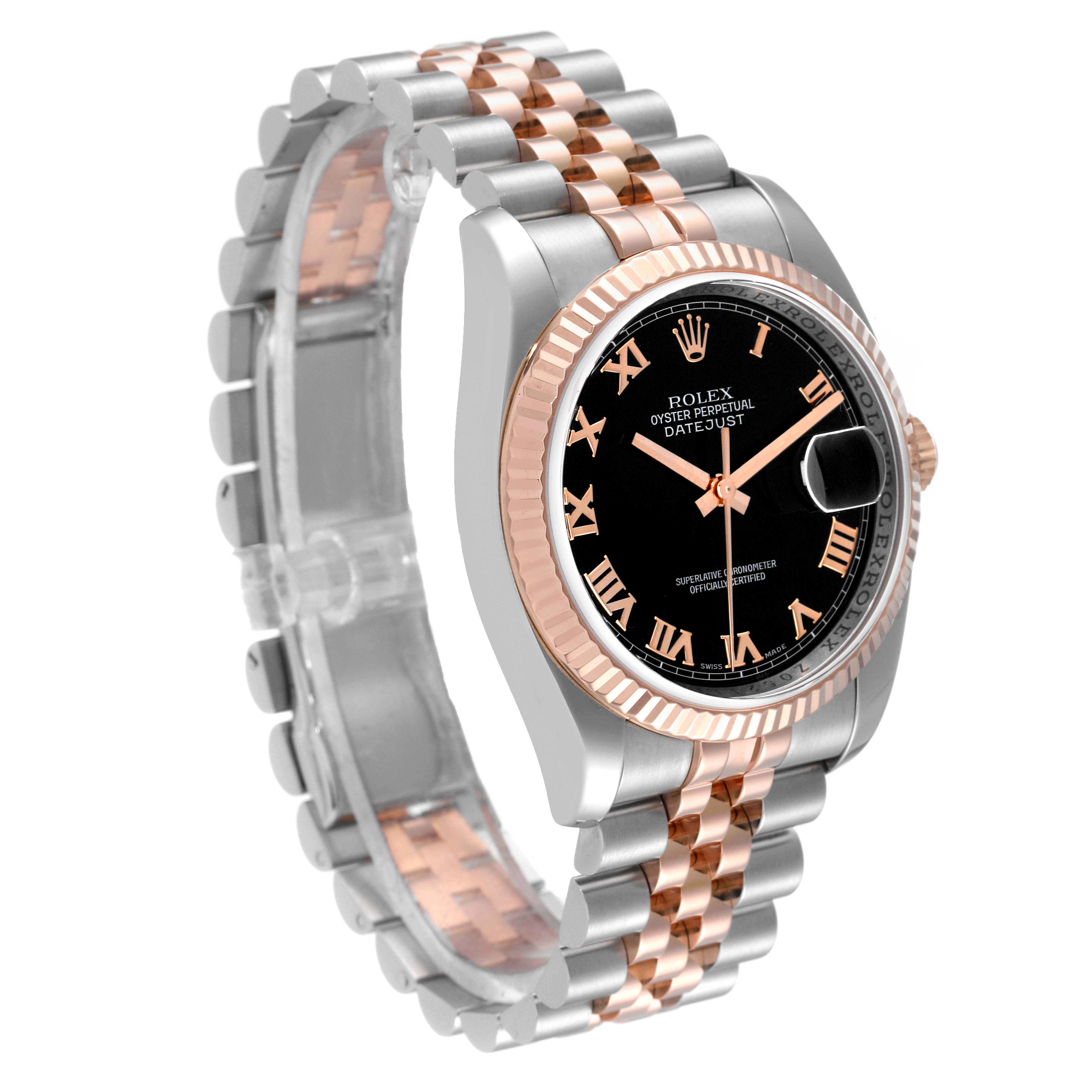 The Rolex Datejust 116231 Men's Steel and Gold (two tone) Black Dial 116231 Men's Steel and Gold (two tone) Black Dial watch is shown at an angle displaying its black dial, two-tone bracelet, and fluted bezel.