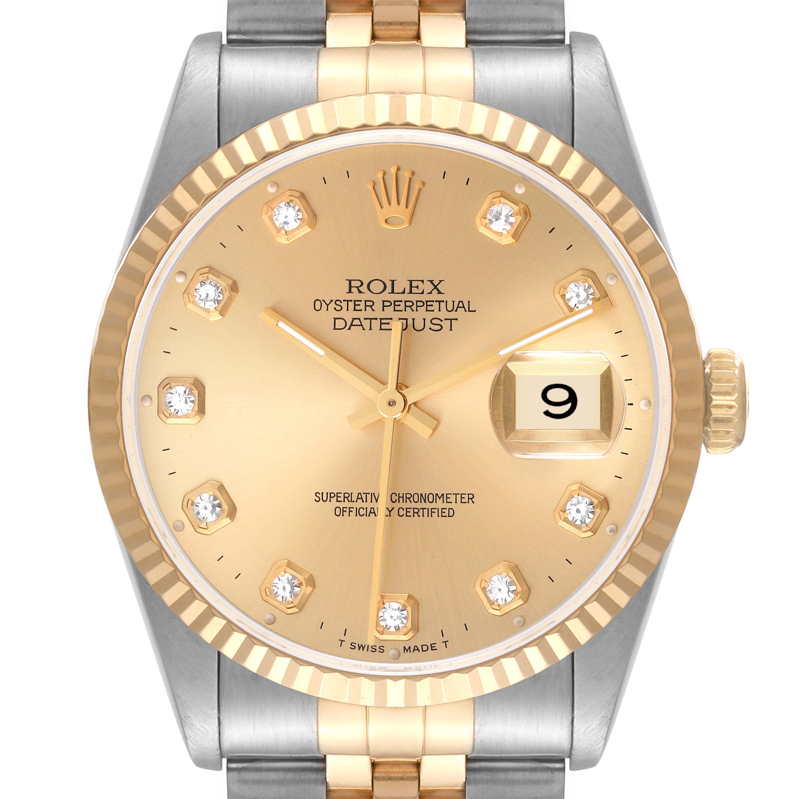 The Rolex Datejust 16233 Men's Steel and Gold (two tone) Champagne Dial 16233 Men's Steel and Gold (two tone) Champagne Dial watch is shown from a front angle, highlighting its dial, bezel, crown, and partial bracelet.
