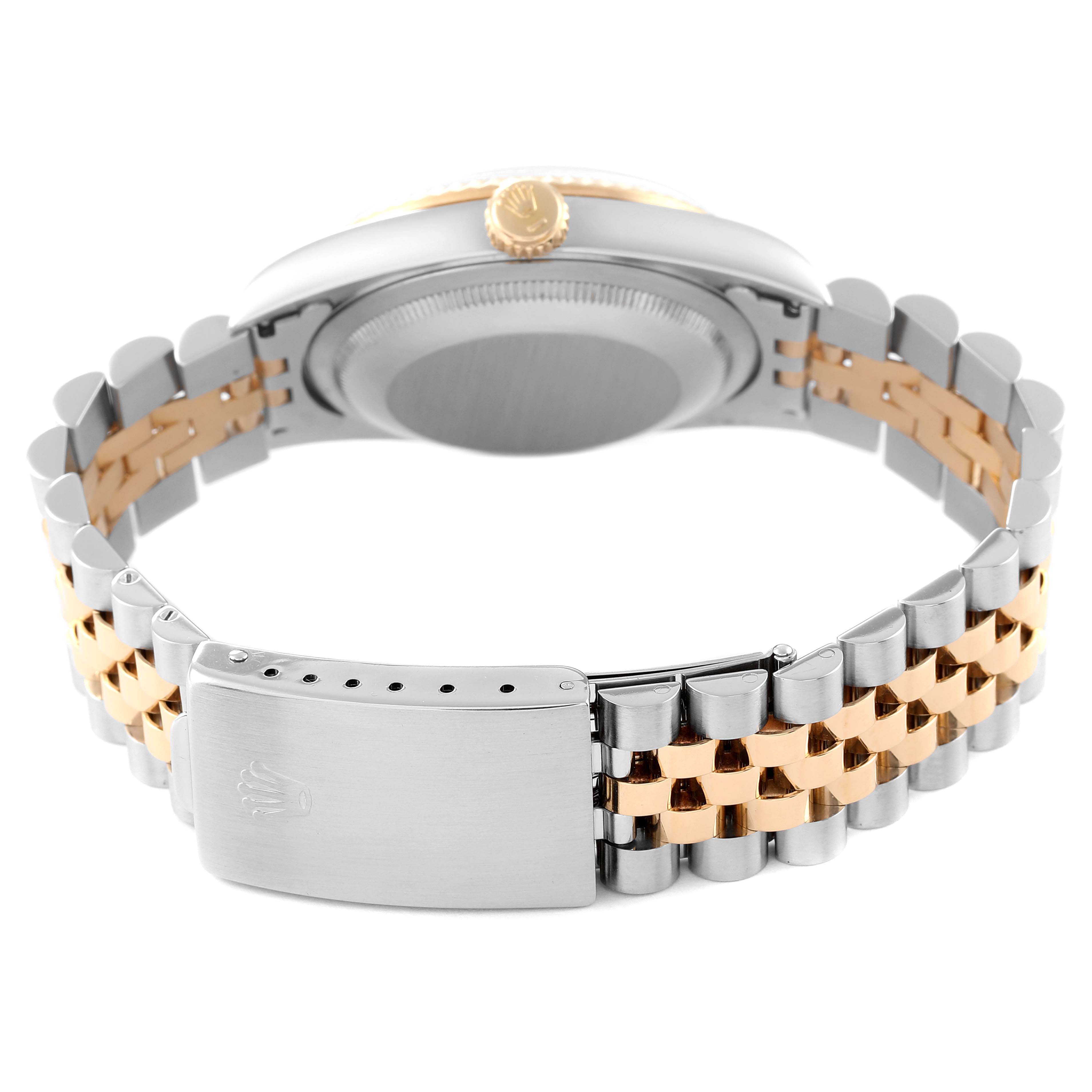 This image shows the back view of the Rolex Datejust 16233 Men's Steel and Gold (two tone) Champagne Dial 16233 Men's Steel and Gold (two tone) Champagne Dial watch, focusing on the case back, crown, and two-tone bracelet.