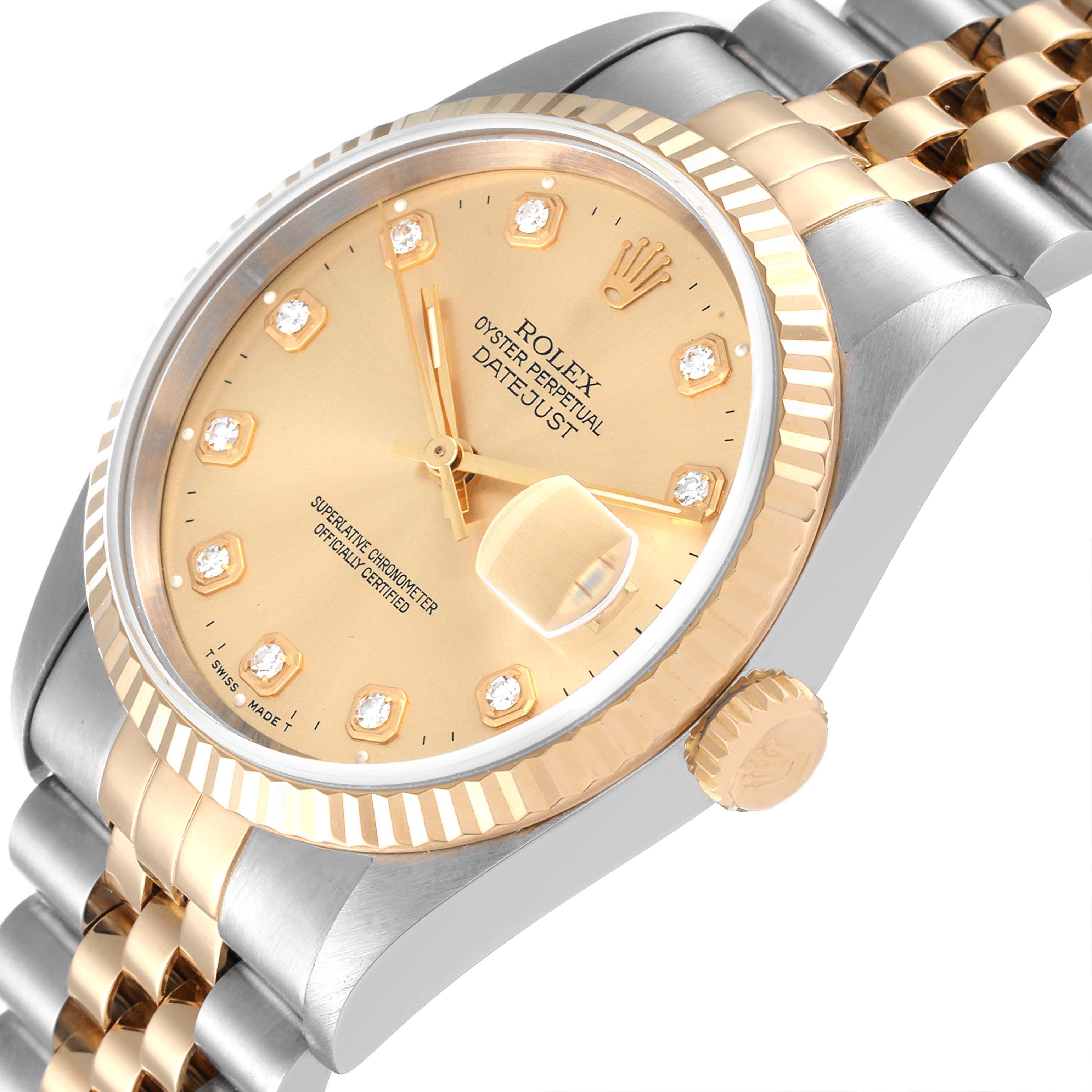 The image shows a Rolex Datejust 16233 Men's Steel and Gold (two tone) Champagne Dial 16233 Men's Steel and Gold (two tone) Champagne Dial watch at an angled side view, displaying its gold and silver bracelet, crown, and gold dial.