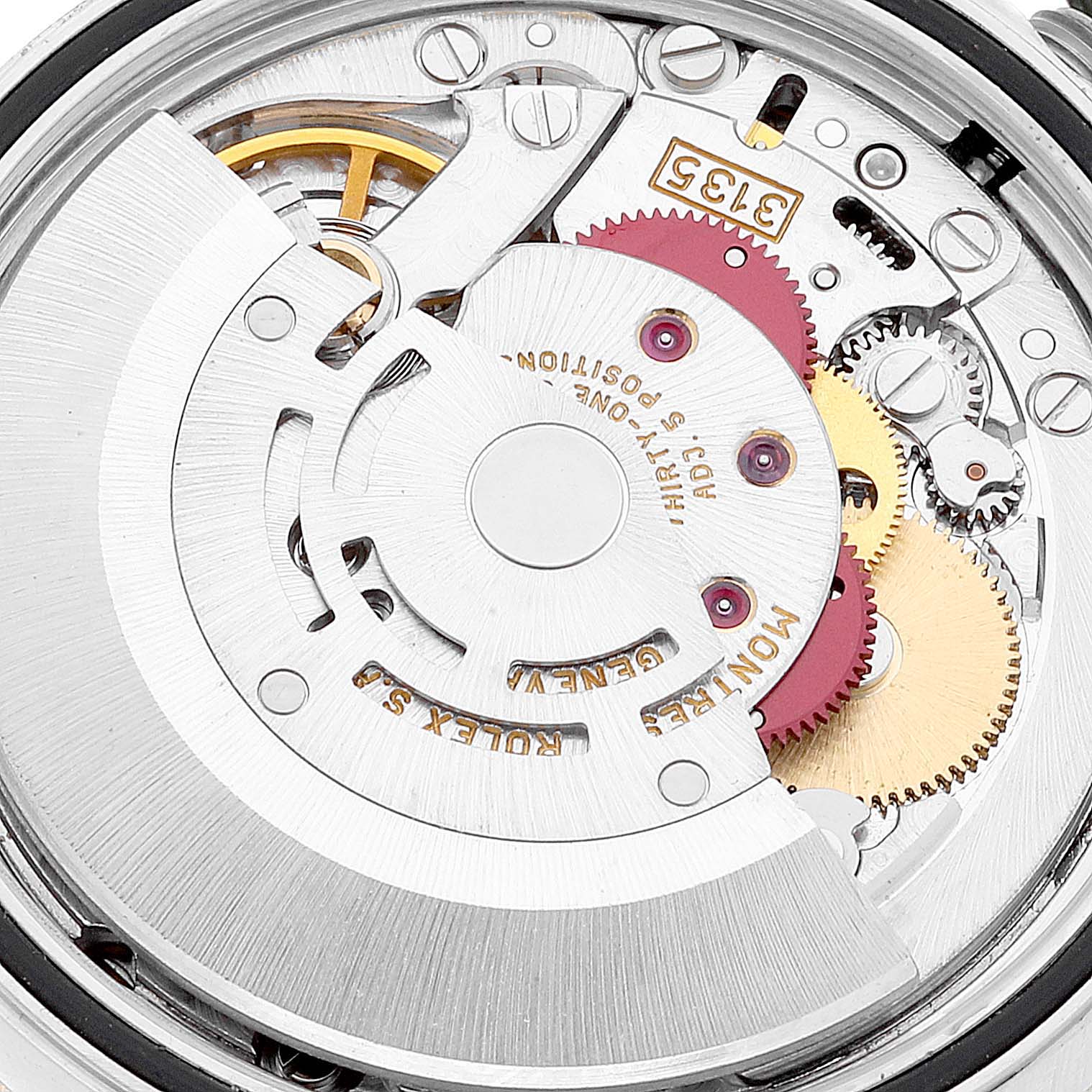 This image shows the inner mechanical movement of a Rolex Datejust 16233 Men's Steel and Gold (two tone) Champagne Dial 16233 Men's Steel and Gold (two tone) Champagne Dial watch at a close-up angle.