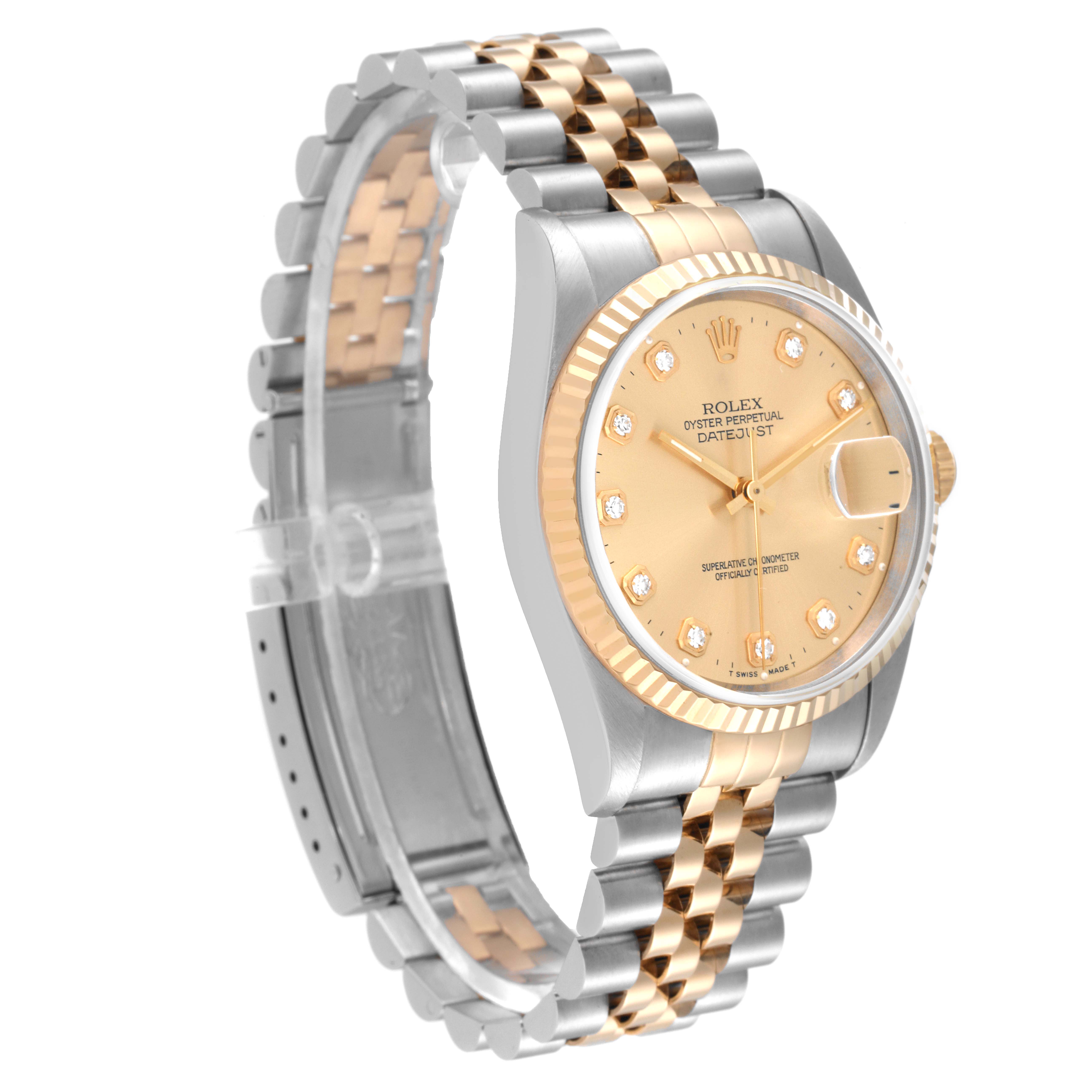 The Rolex Datejust 16233 Men's Steel and Gold (two tone) Champagne Dial 16233 Men's Steel and Gold (two tone) Champagne Dial watch is shown at an angled view, highlighting the dial, bezel, and two-tone bracelet.