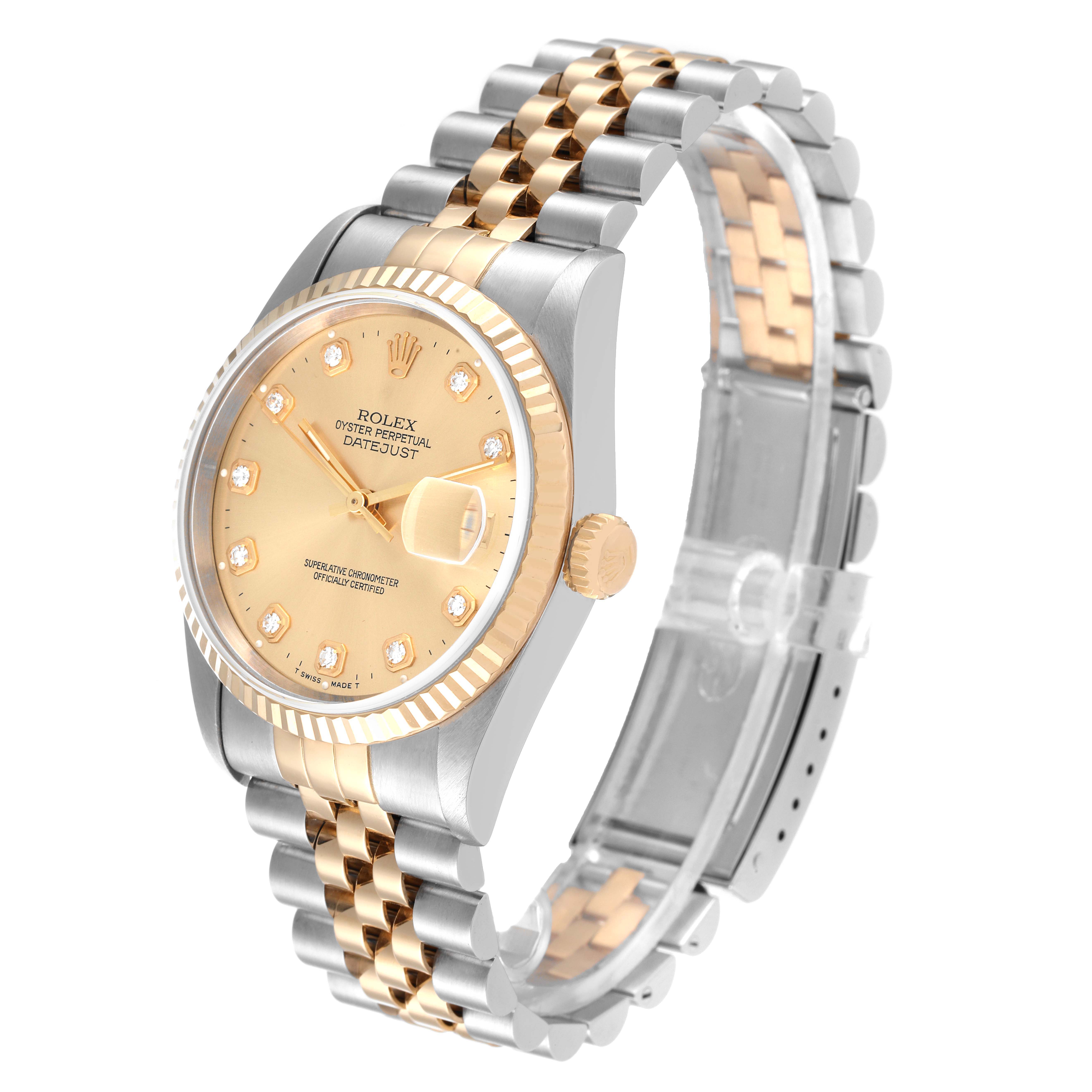 This image shows a Rolex Datejust 16233 Men's Steel and Gold (two tone) Champagne Dial 16233 Men's Steel and Gold (two tone) Champagne Dial watch angled to display its face, bezel, crown, and part of the two-tone band.