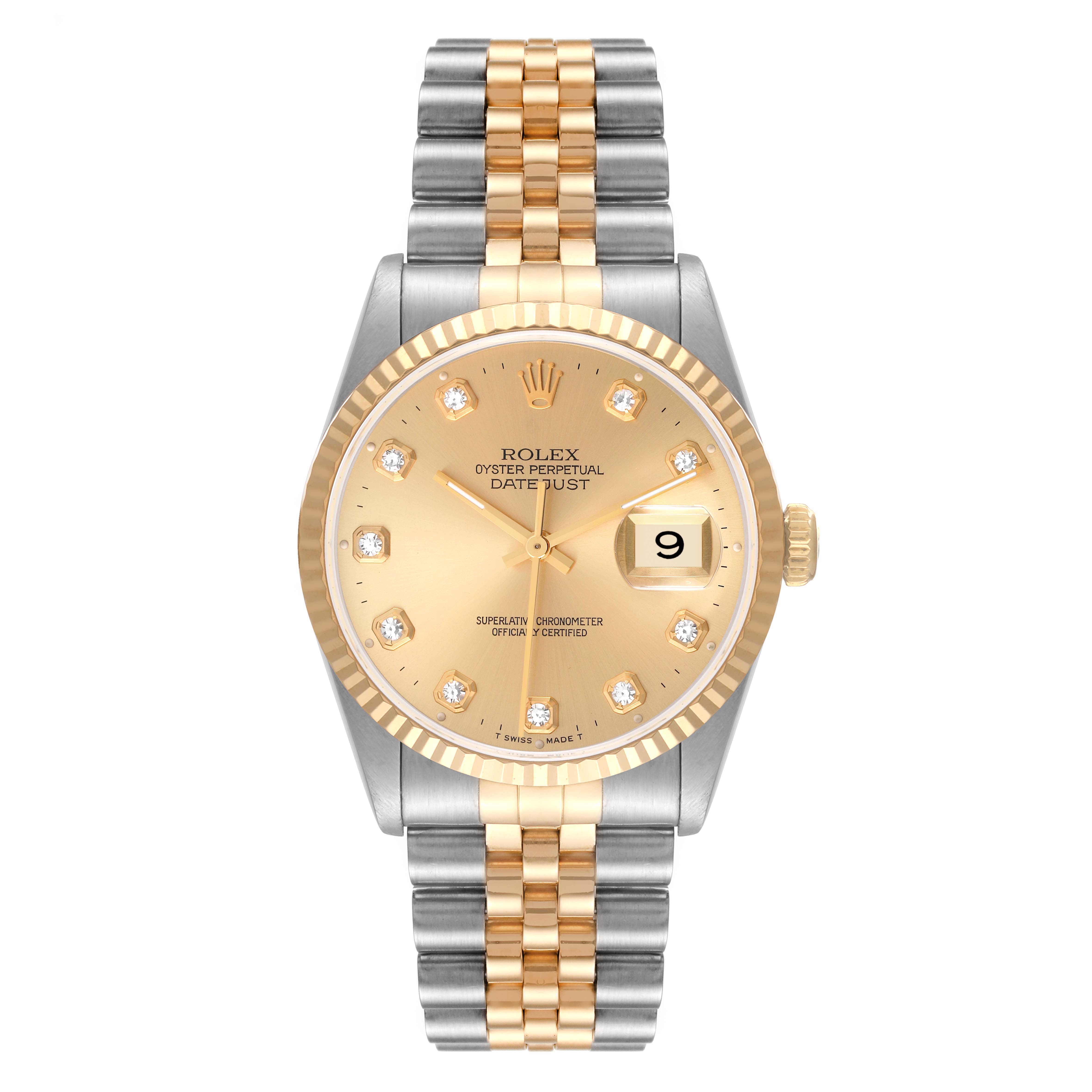 This is a frontal view of the Rolex Datejust 16233 Men's Steel and Gold (two tone) Champagne Dial 16233 Men's Steel and Gold (two tone) Champagne Dial watch, showcasing its dial, bezel, jubilee bracelet, and date window.