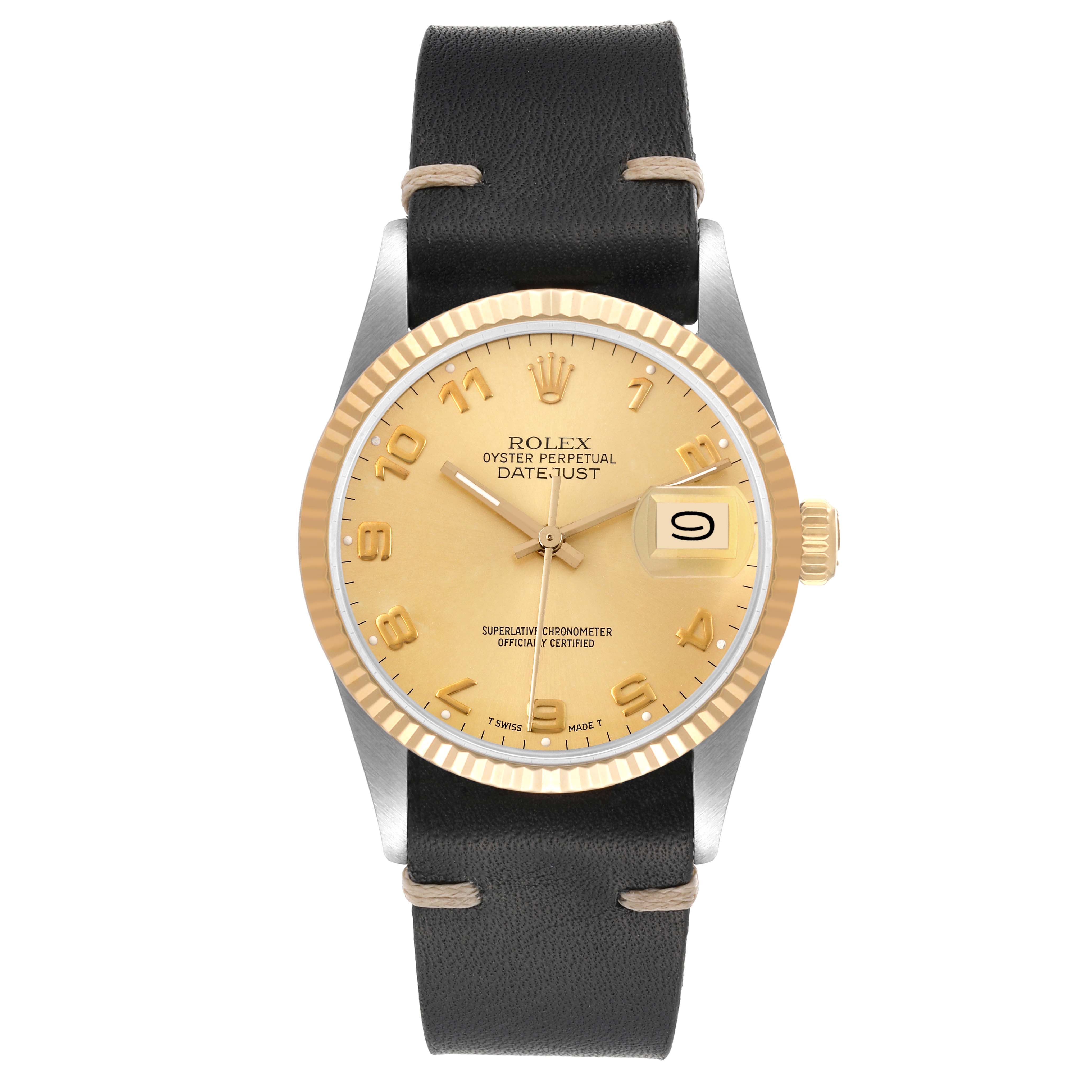 The Vintage Collection Rolex watch is shown from a top-down angle, displaying the face, bezel, and part of the strap.