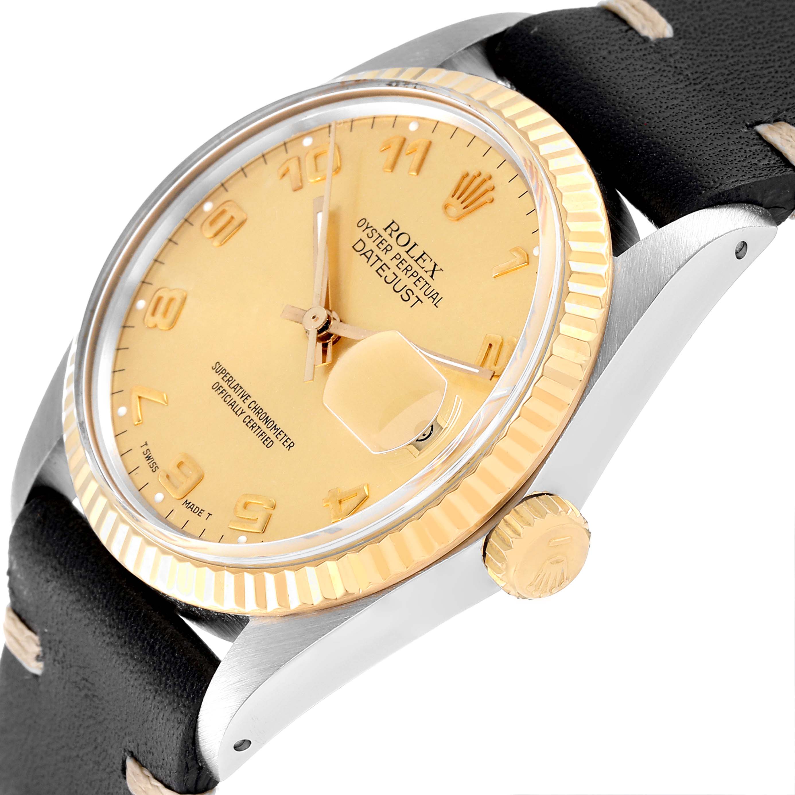 The image shows a close-up of the Rolex Vintage Collection 16013 Men's Steel and Gold (two tone) Champagne Dial 16013 Men's Steel and Gold (two tone) Champagne Dial watch model, focusing on the dial, bezel, and part of the strap.