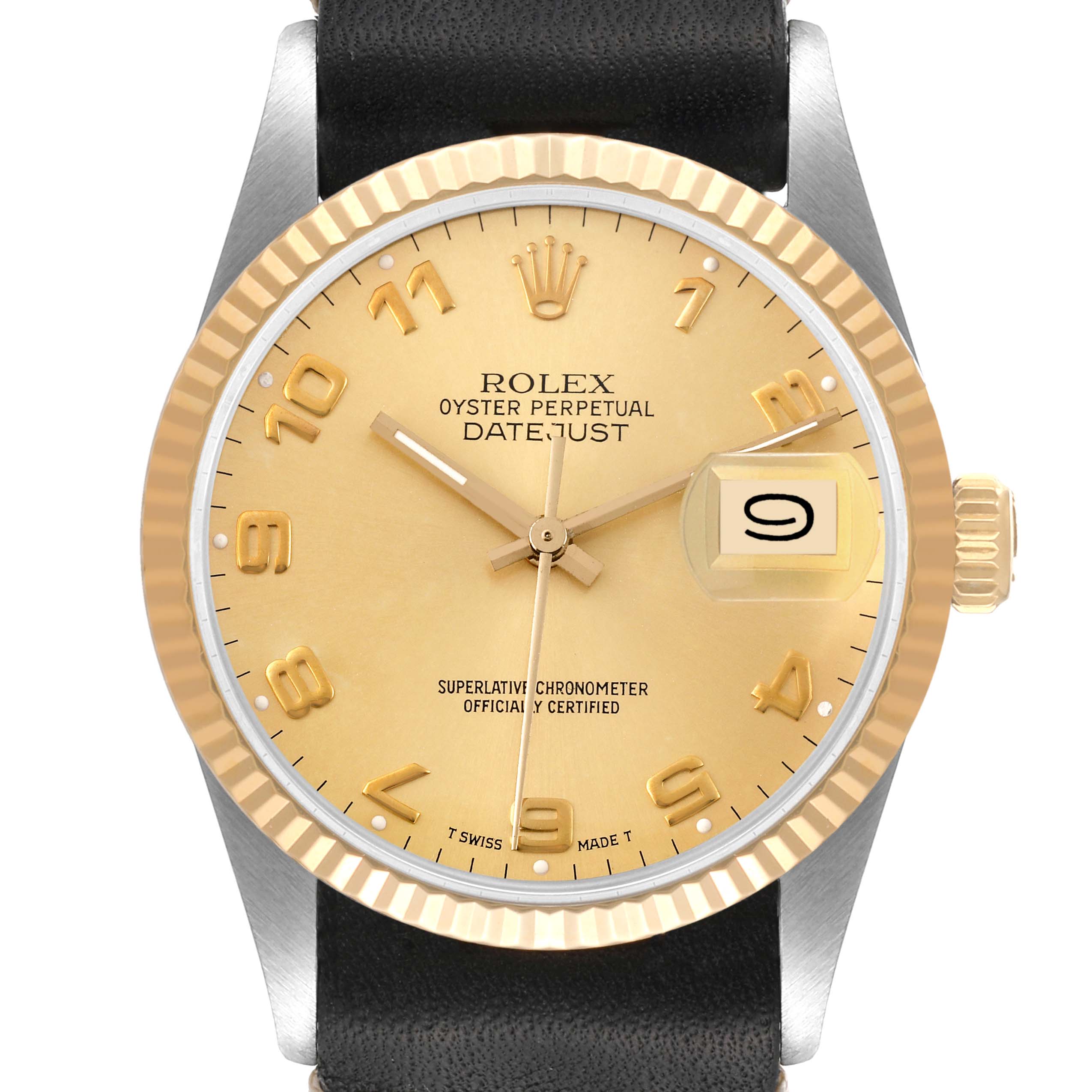 The image shows a front view of the Rolex Vintage Collection 16013 Men's Steel and Gold (two tone) Champagne Dial 16013 Men's Steel and Gold (two tone) Champagne Dial model, showcasing the dial, hands, date window, and bezel.