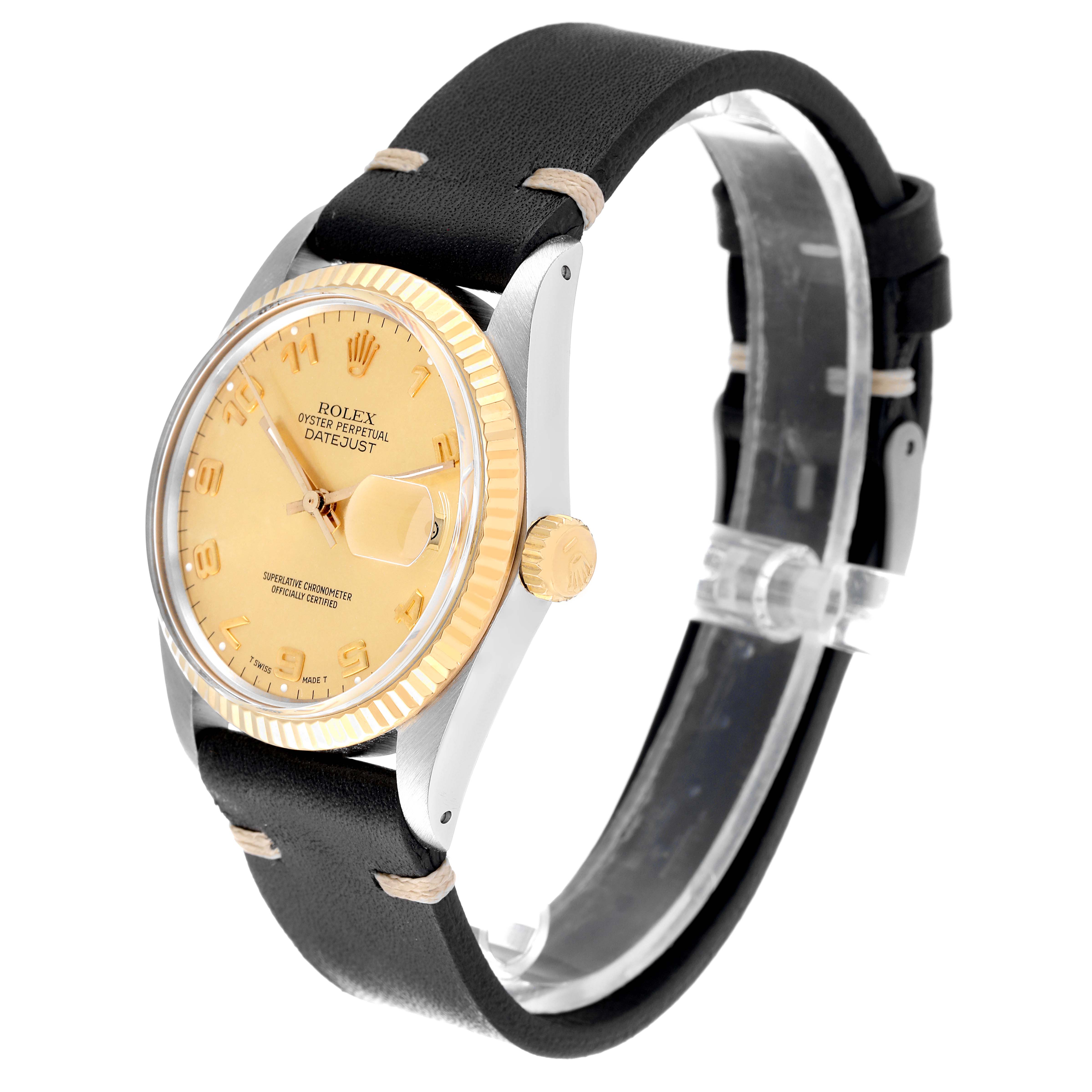 The image shows a side angle of the Rolex Vintage Collection 16013 Men's Steel and Gold (two tone) Champagne Dial 16013 Men's Steel and Gold (two tone) Champagne Dial Datejust model, highlighting the watch face, crown, and leather strap.