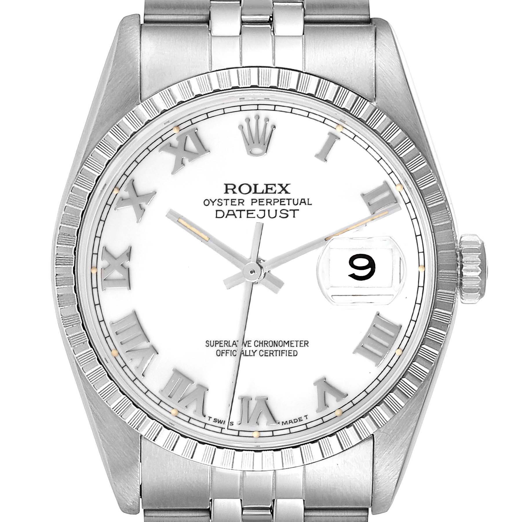 The image shows a front view of the Rolex Datejust 16220 Men's Stainless Steel White Dial 16220 Men's Stainless Steel White Dial watch, displaying the dial, hands, crown, and a portion of the bracelet.