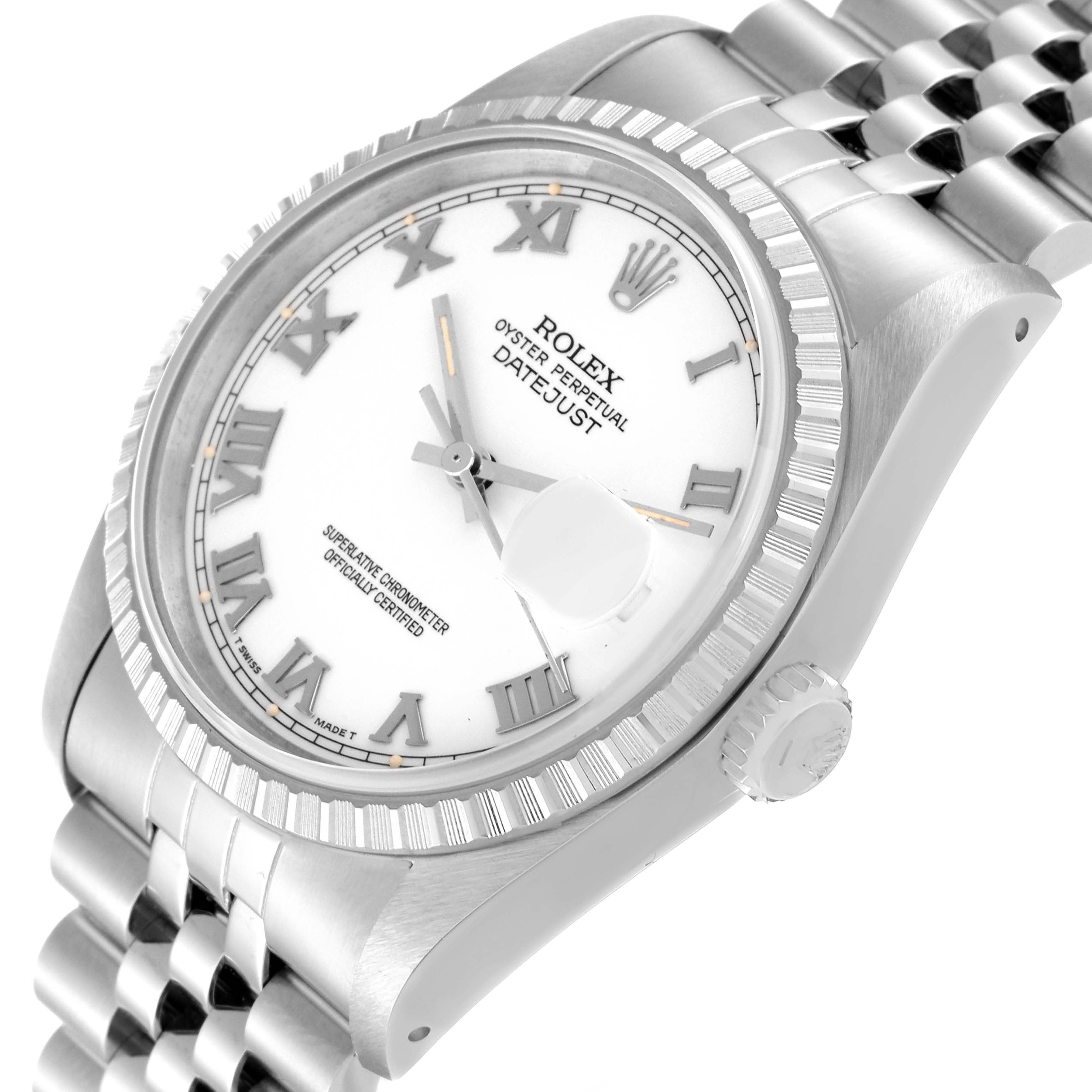 The image shows a Rolex Datejust 16220 Men's Stainless Steel White Dial 16220 Men's Stainless Steel White Dial watch at an angled view, featuring the face, bezel, crown, and a portion of the bracelet.