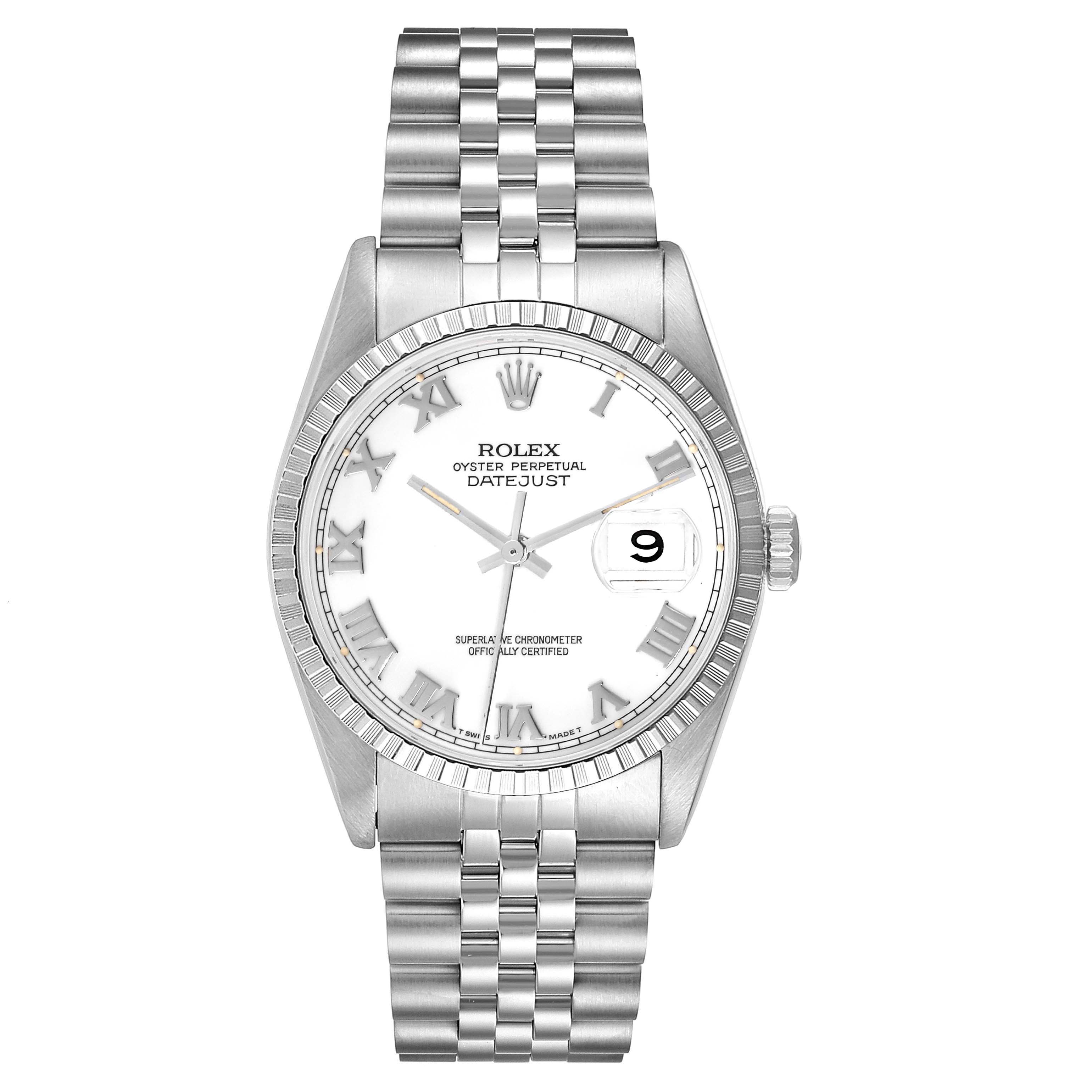 The image shows a Rolex Datejust 16220 Men's Stainless Steel White Dial 16220 Men's Stainless Steel White Dial watch from a front angle, displaying its face, bezel, and bracelet.