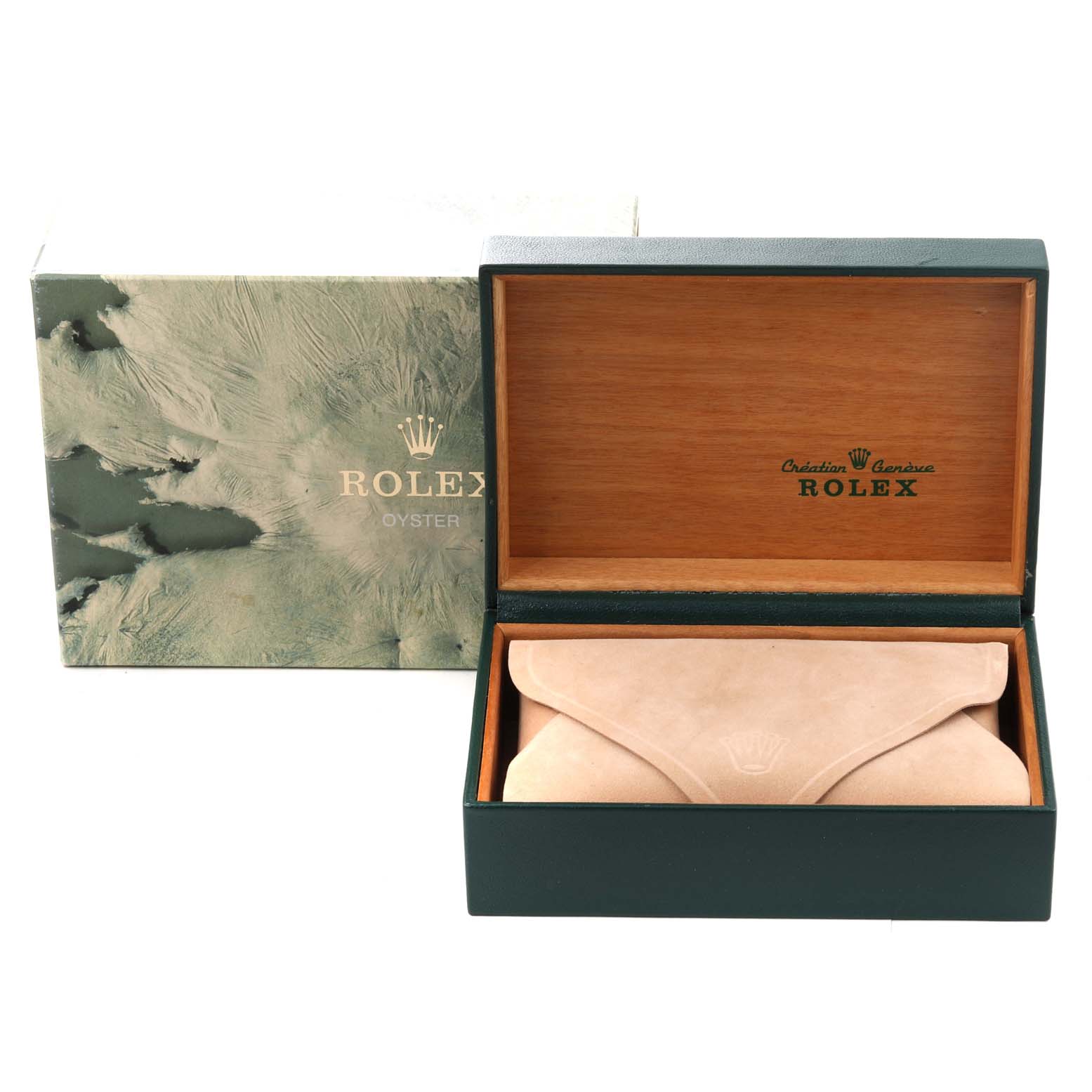 The image shows a Rolex Datejust 16220 Men's Stainless Steel White Dial 16220 Men's Stainless Steel White Dial watch box set, including an outer cardboard box, inner wooden box, and leather pouch.