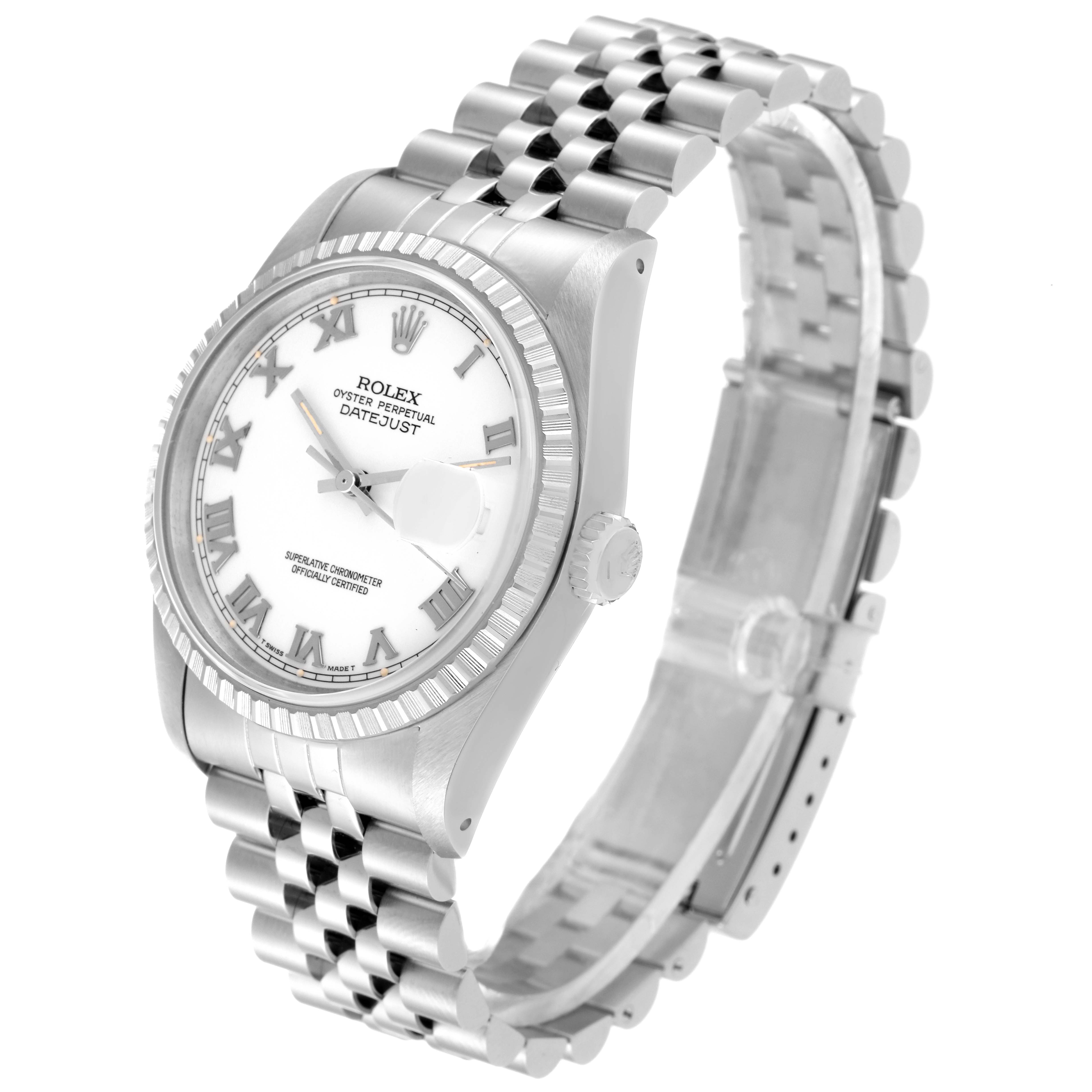 The image shows a side angle view of a Rolex Datejust 16220 Men's Stainless Steel White Dial 16220 Men's Stainless Steel White Dial watch clearly displaying the dial, crown, and bracelet.