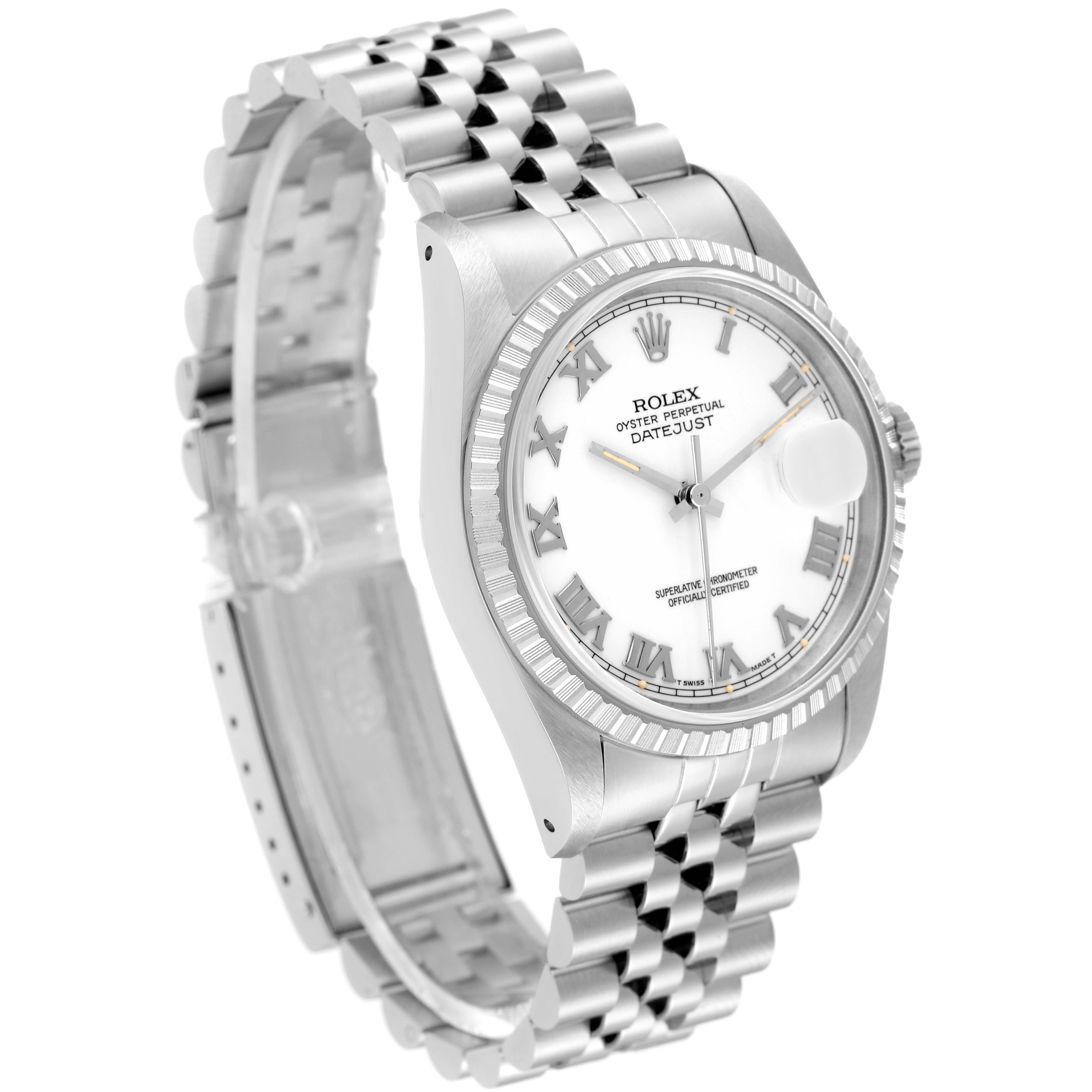 The image shows a Rolex Datejust 16220 Men's Stainless Steel White Dial 16220 Men's Stainless Steel White Dial watch from an angled side view, highlighting the case, bracelet, dial, and cyclops lens.