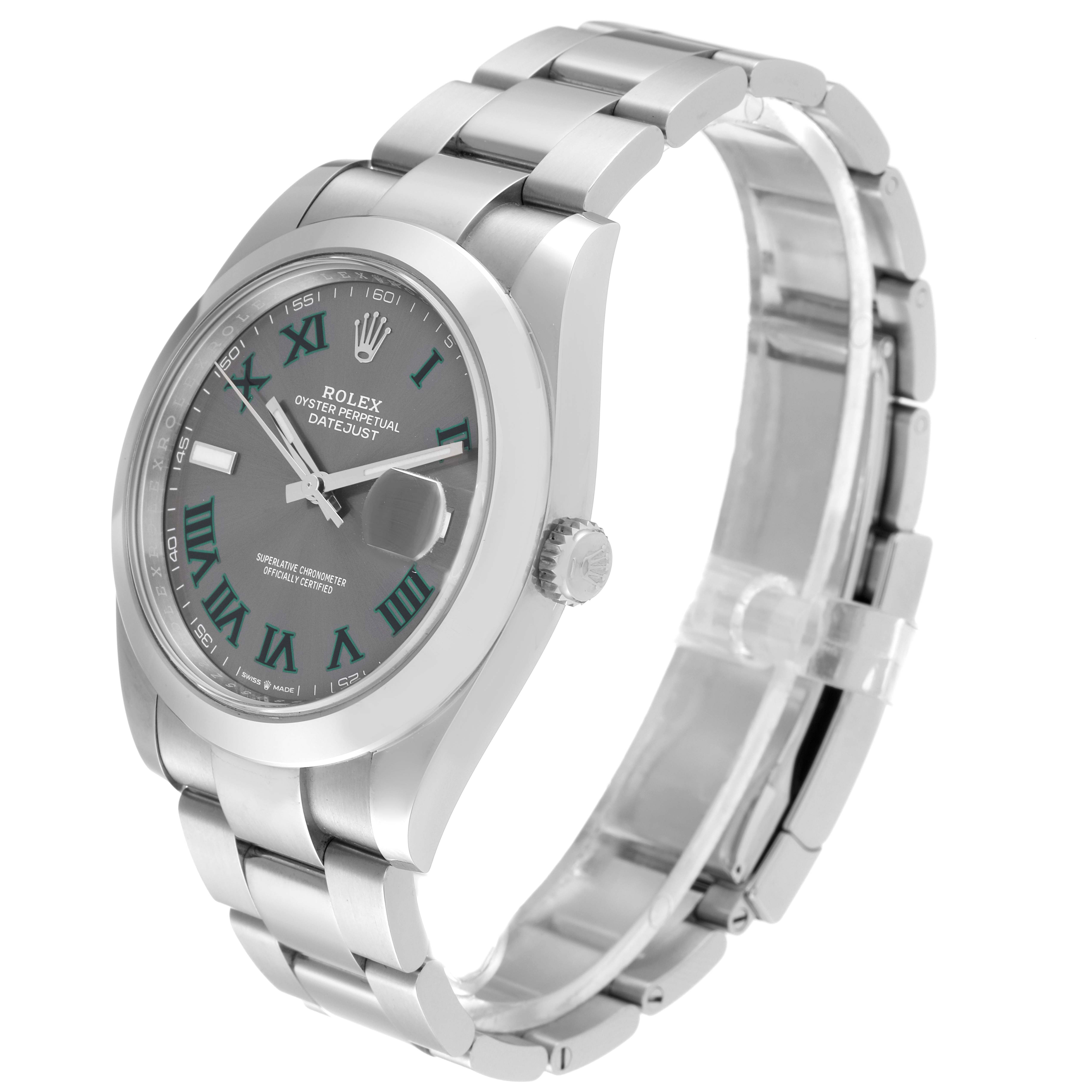 The image shows a Rolex Datejust 41 126300 Men
s Stainless Steel Grey Dial 126300 Men
s Stainless Steel Grey Dial watch from an angled side view, highlighting the dial, bezel, crown, and bracelet.