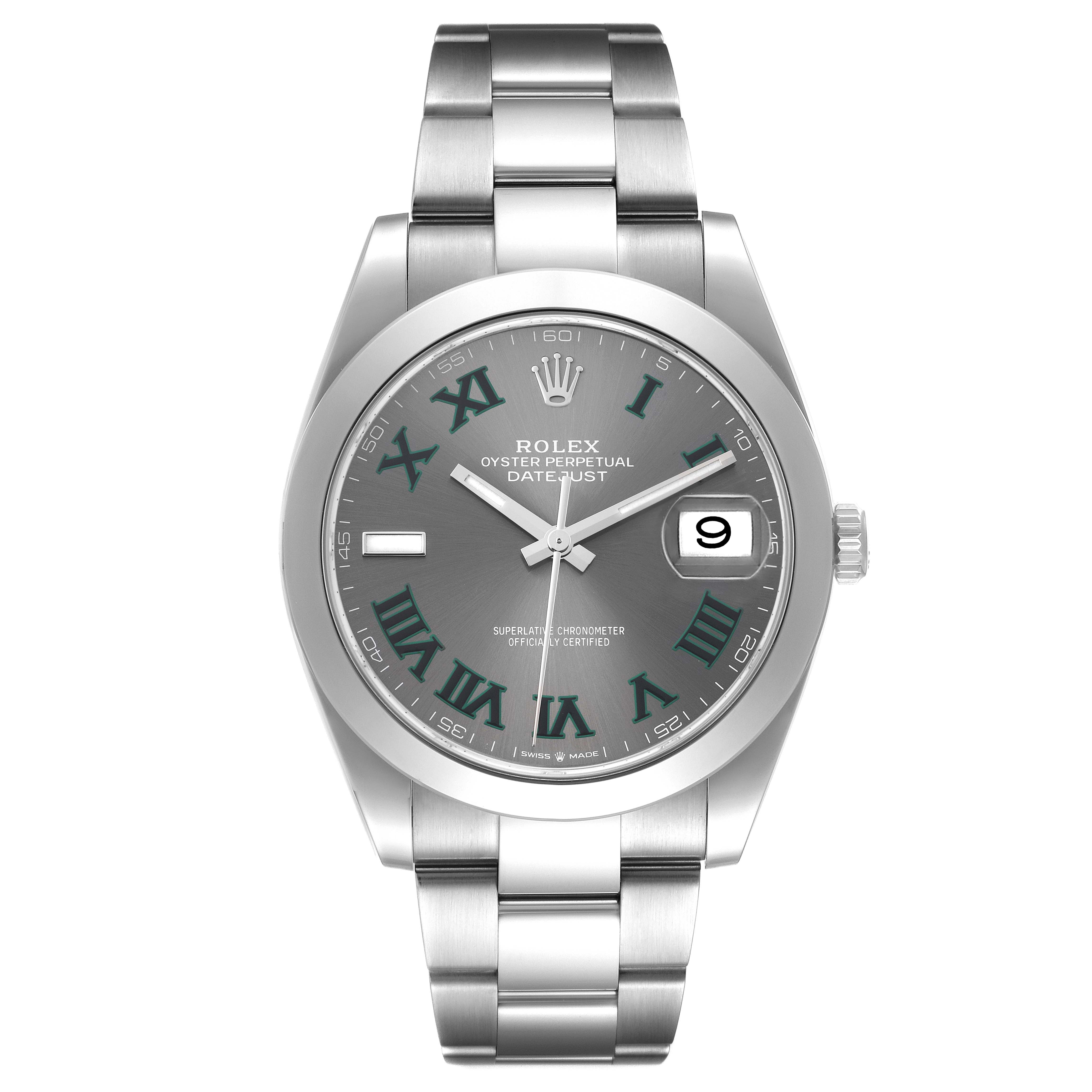 The image shows a front view of the Rolex Datejust 41 126300 Men
s Stainless Steel Grey Dial 126300 Men
s Stainless Steel Grey Dial watch, featuring its face, bezel, crown, and bracelet.